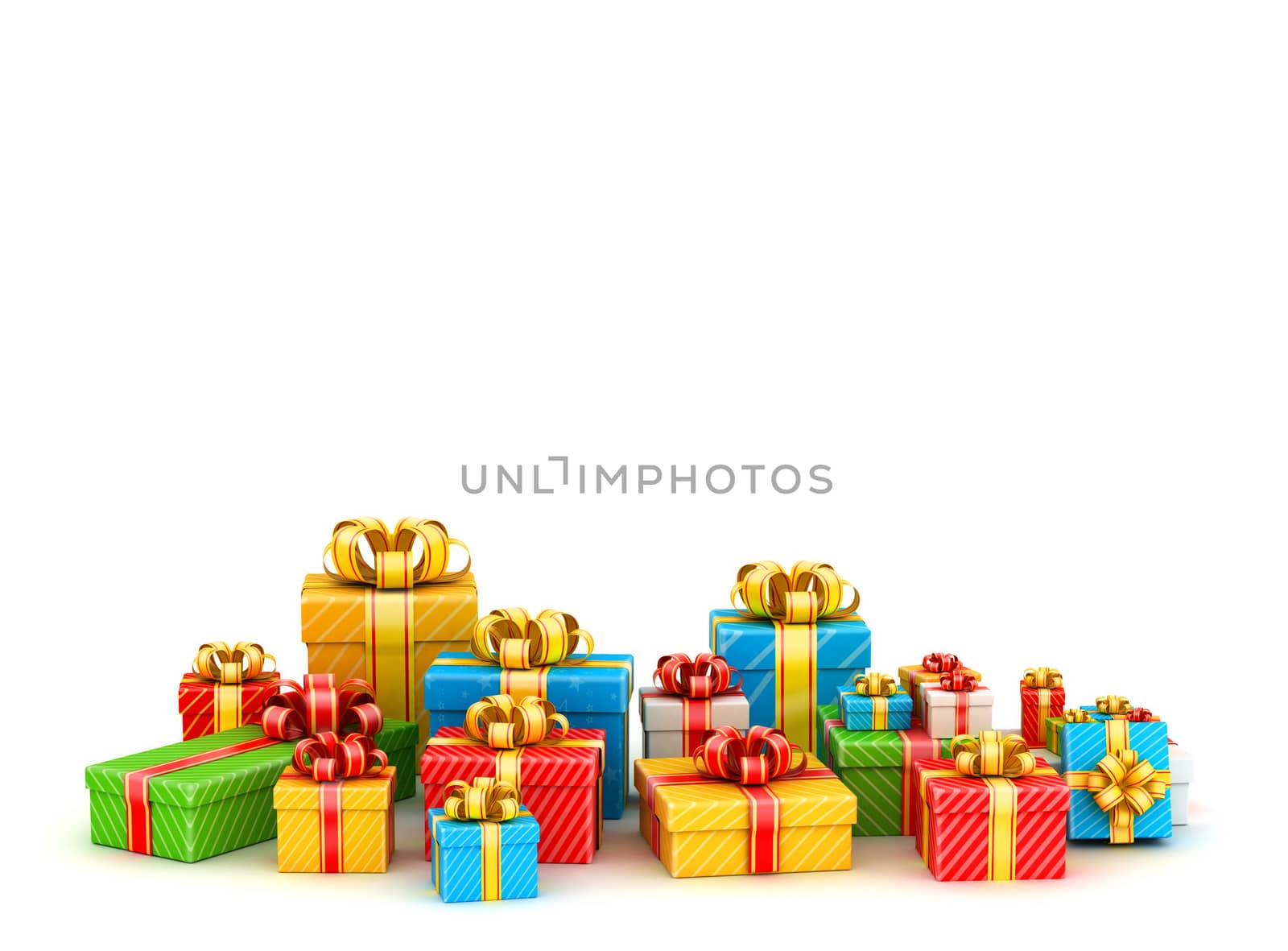 Pile of colored gift boxes with shiny ribbons in line