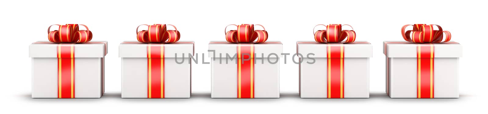 Five equal gifts - white and red with ribbons selection concept