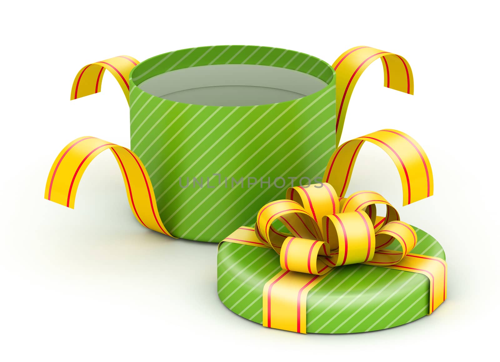 Open  round green gift box with gold ribbons on white background