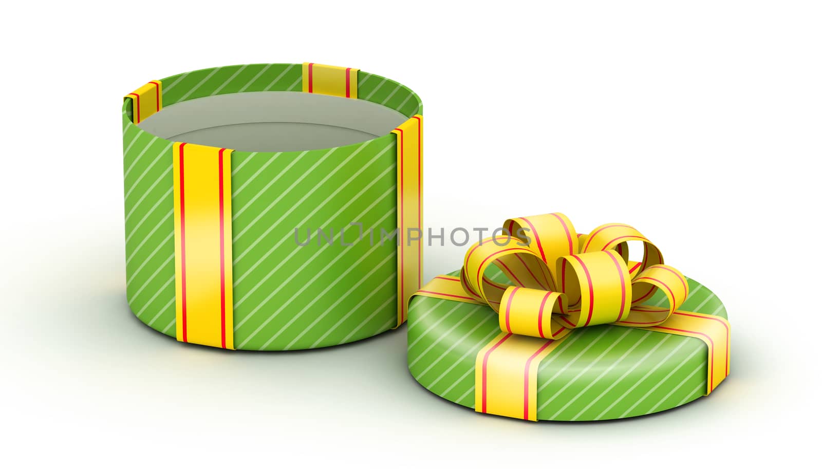 Open  round green gift  with gold ribbons on white background