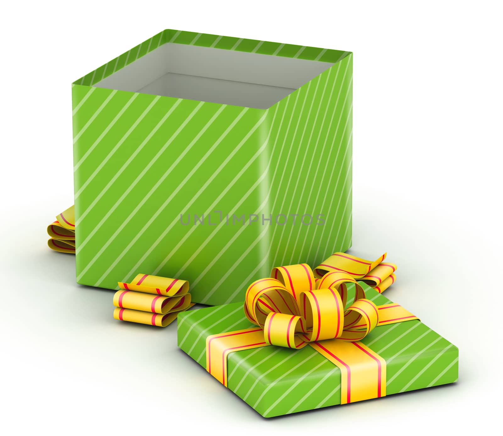 Open green gift with gold ribbons on white background