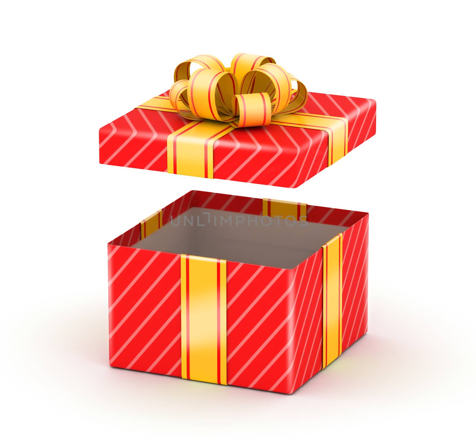 Opened red gift box with gold ribbons on white background