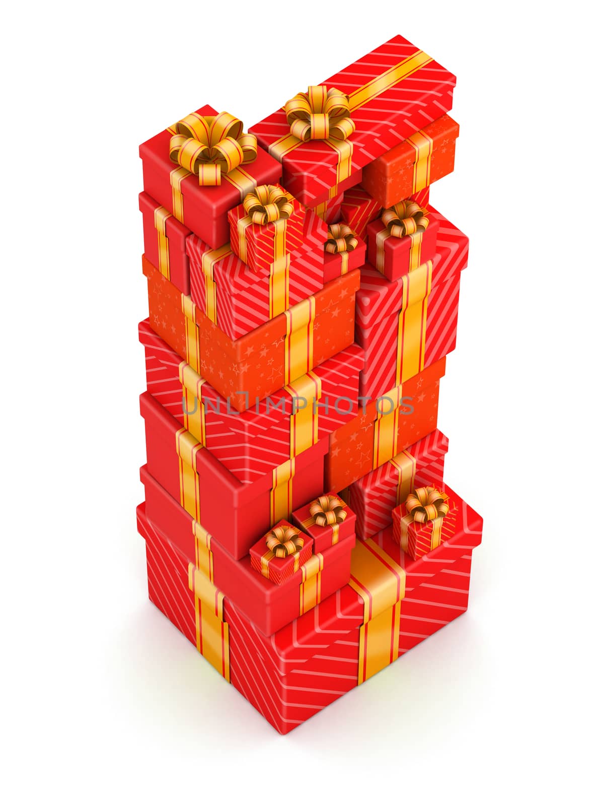 Tall stack of red gift boxes on white background