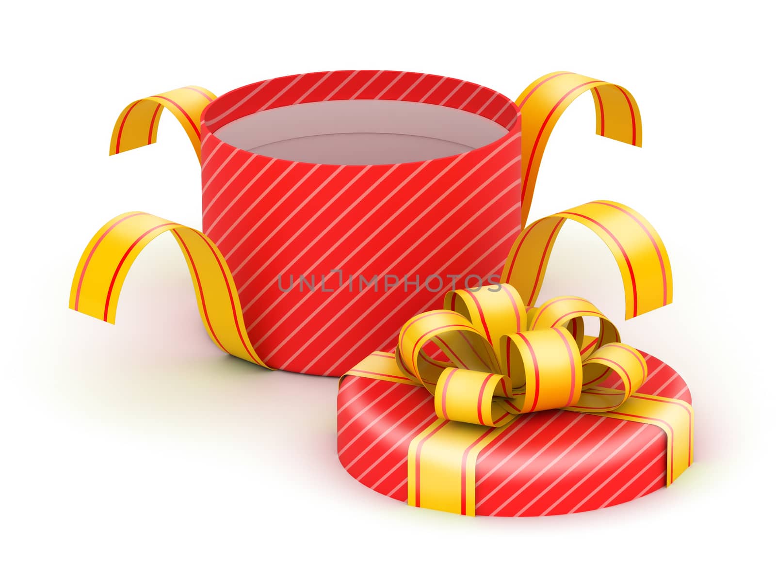 Opened  round red gift box with gold ribbons on white background