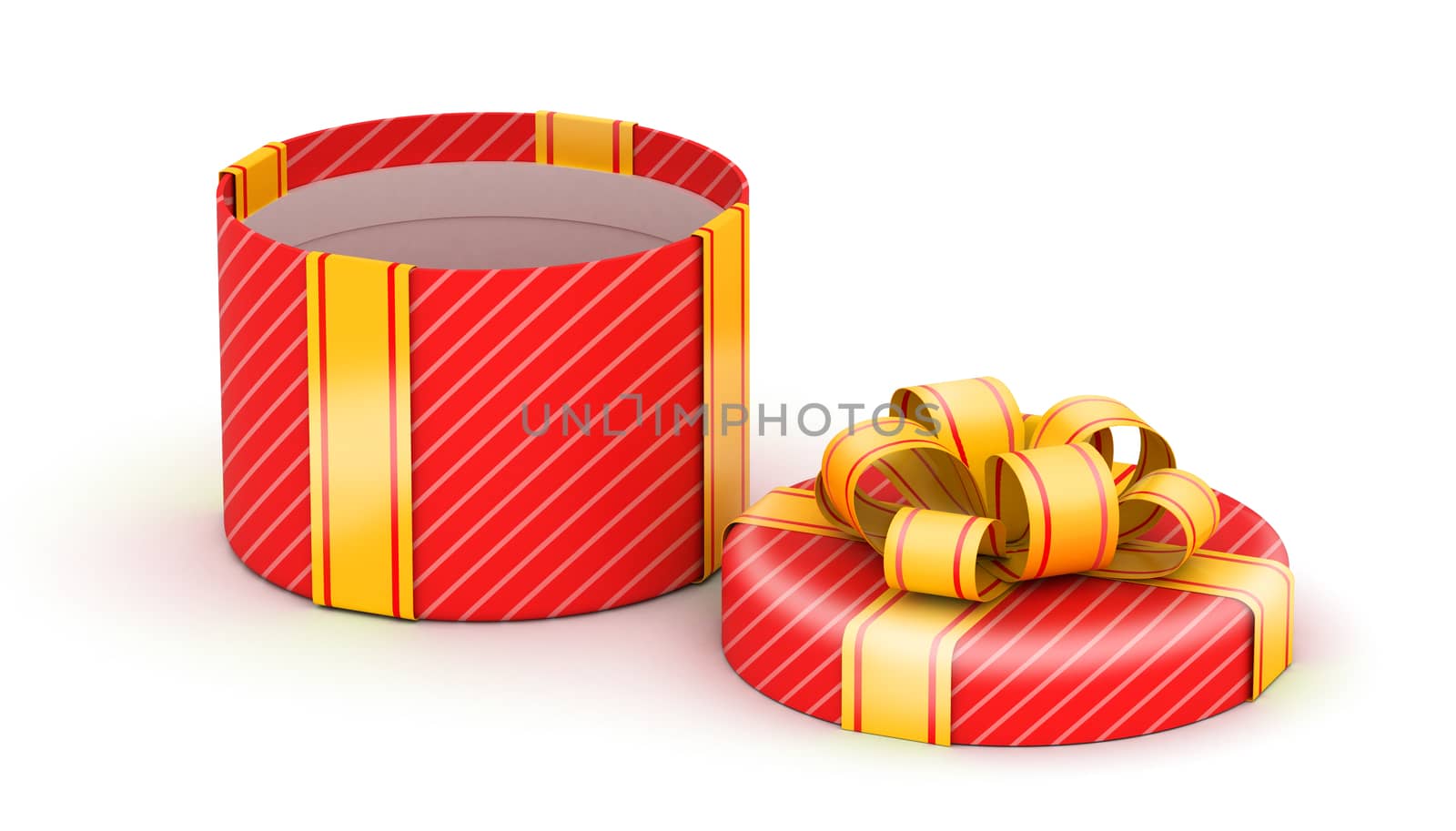 Opened  round red gift box with gold ribbons on white background