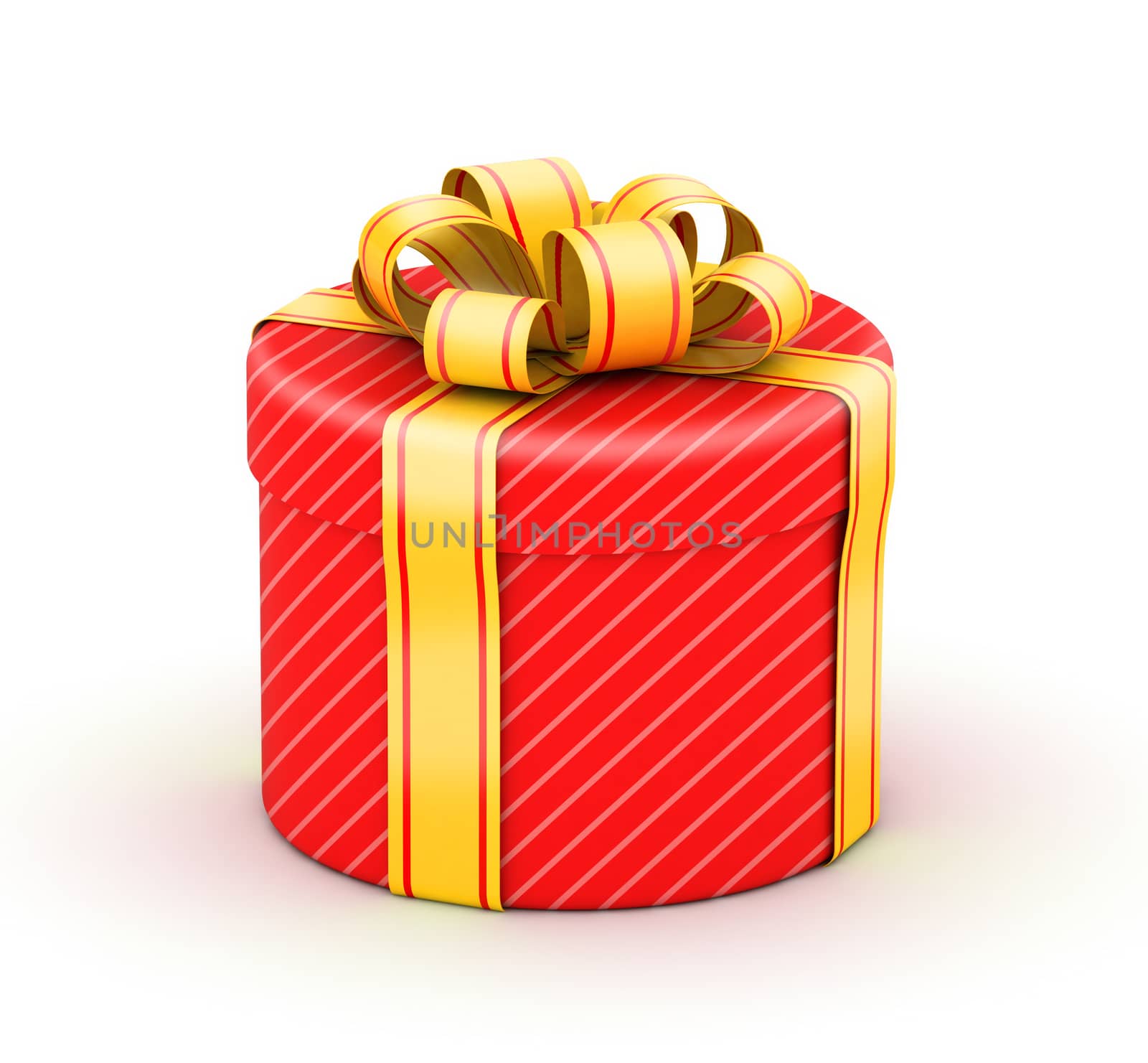 Rounded cylinder red gift box with gold ribbons