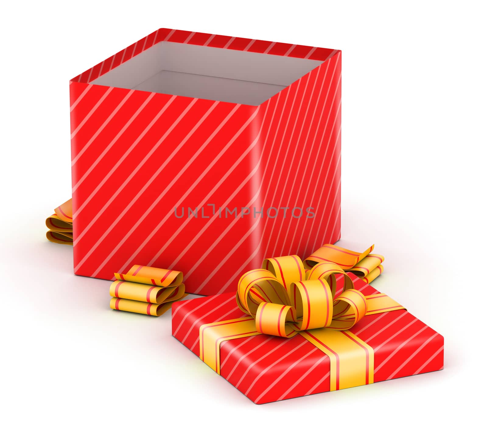 Opened  red gift box with  ribbons on white background