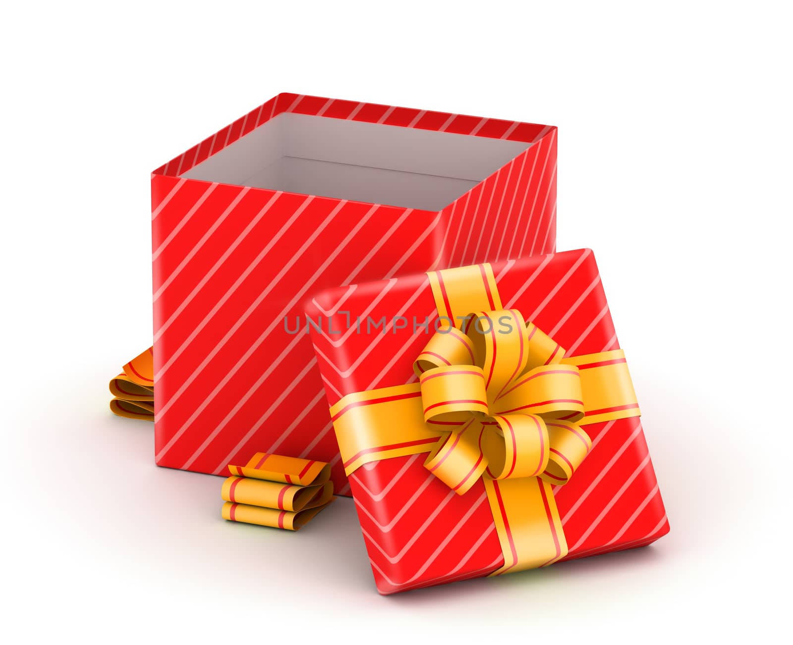 Opened  red gift box with  ribbons on white background