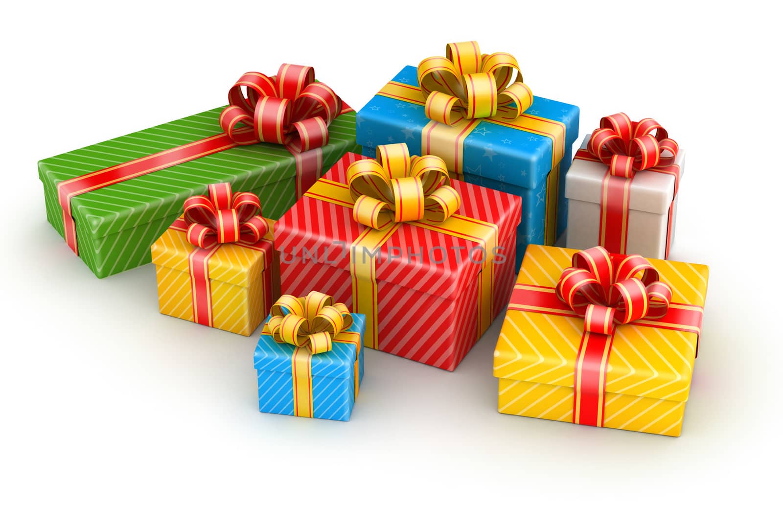 Several colored gift boxes with shiny ribbons in pile