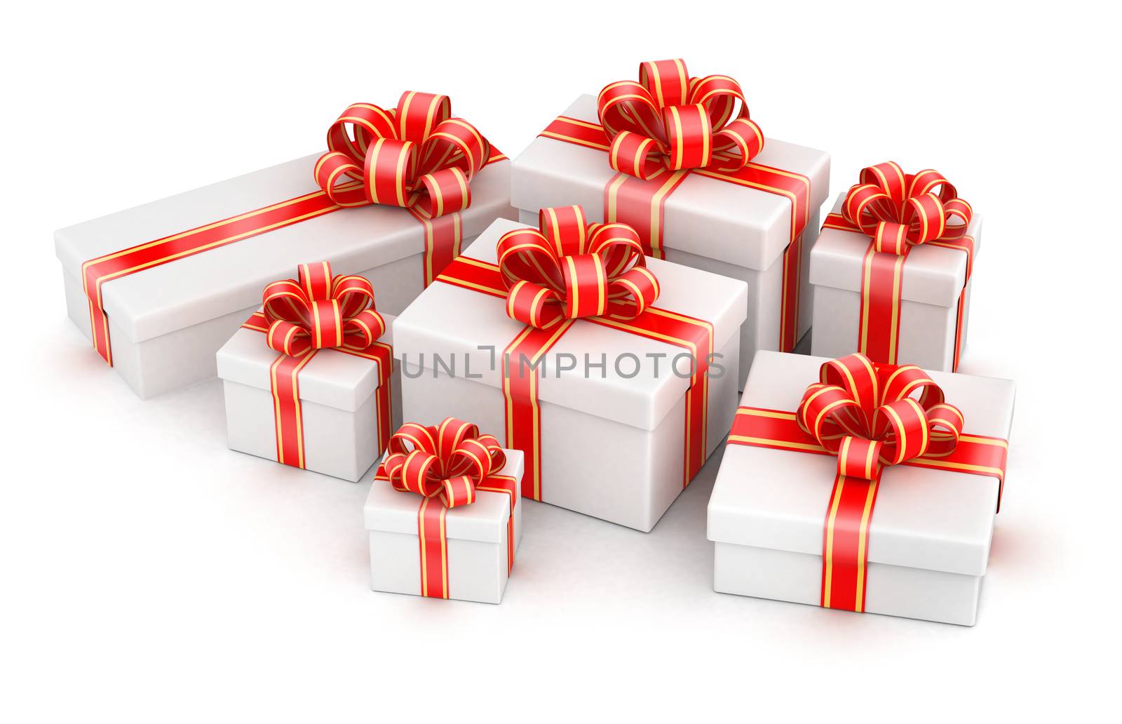 Several white gift boxes with yellow ribbons in pile
