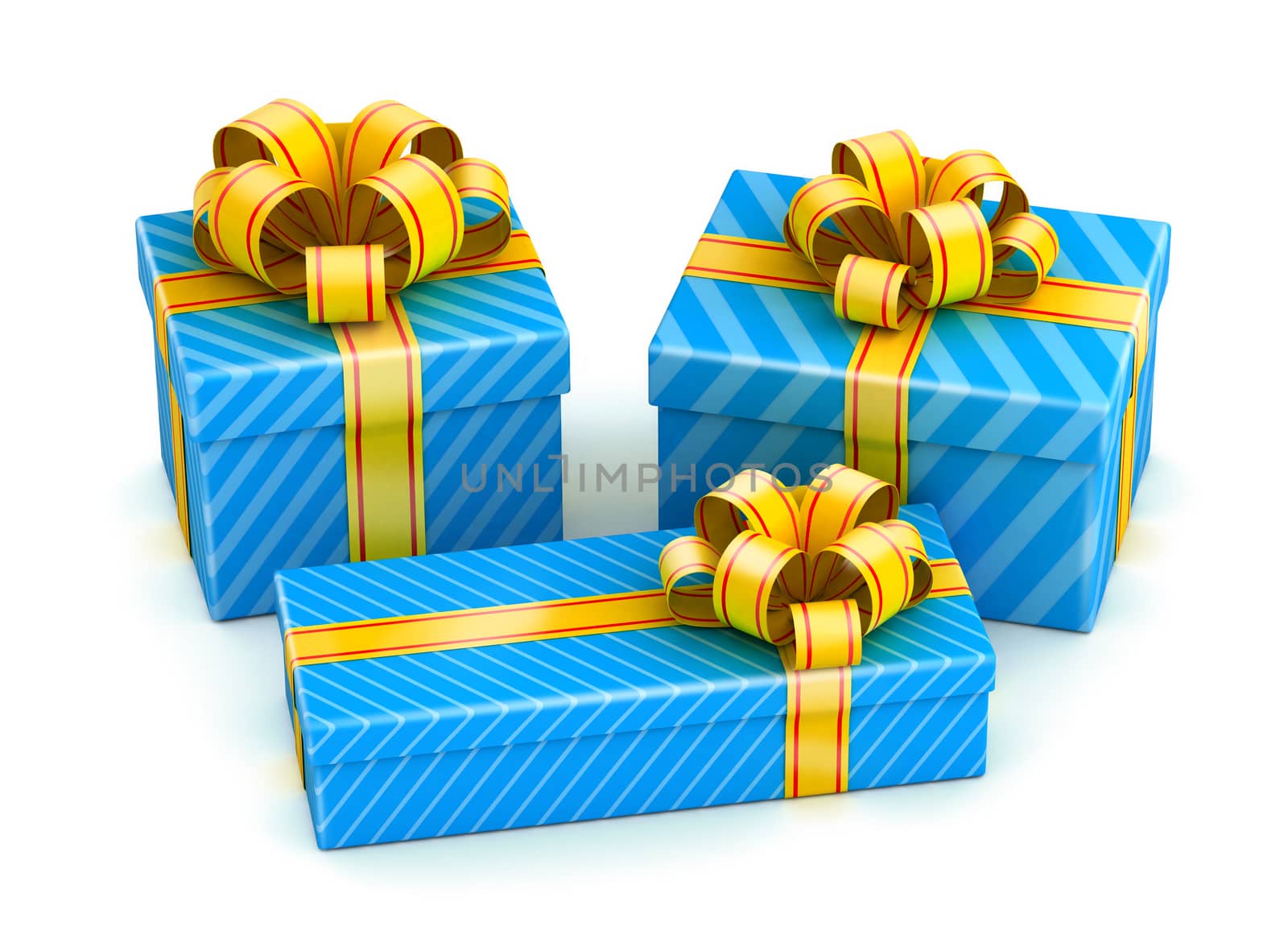 Three shiny blue gift boxes on white background