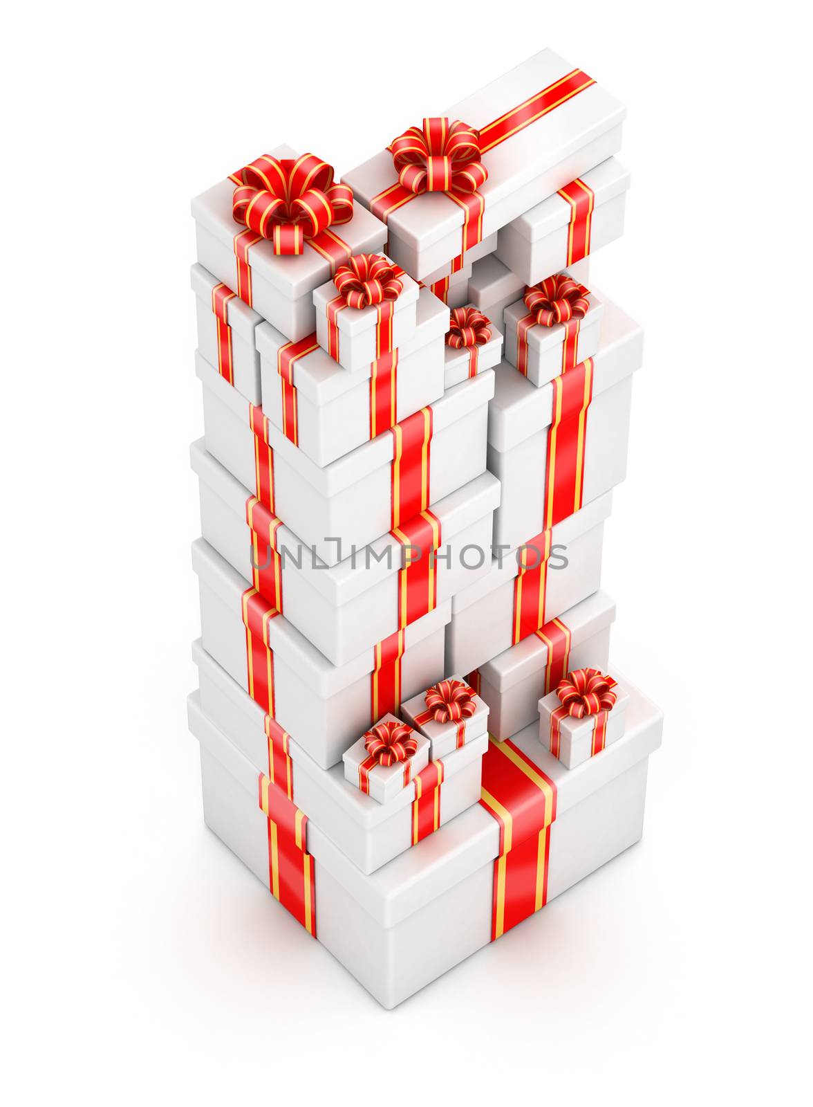 Tall stack of white gift boxes on white background