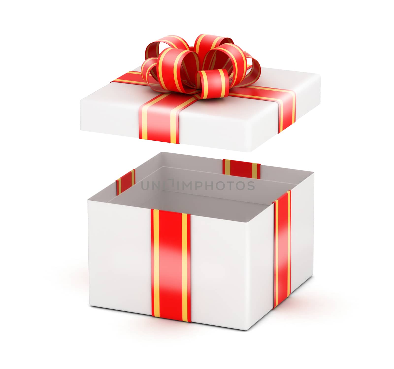 Opening of white gift box with red ribbons on white background