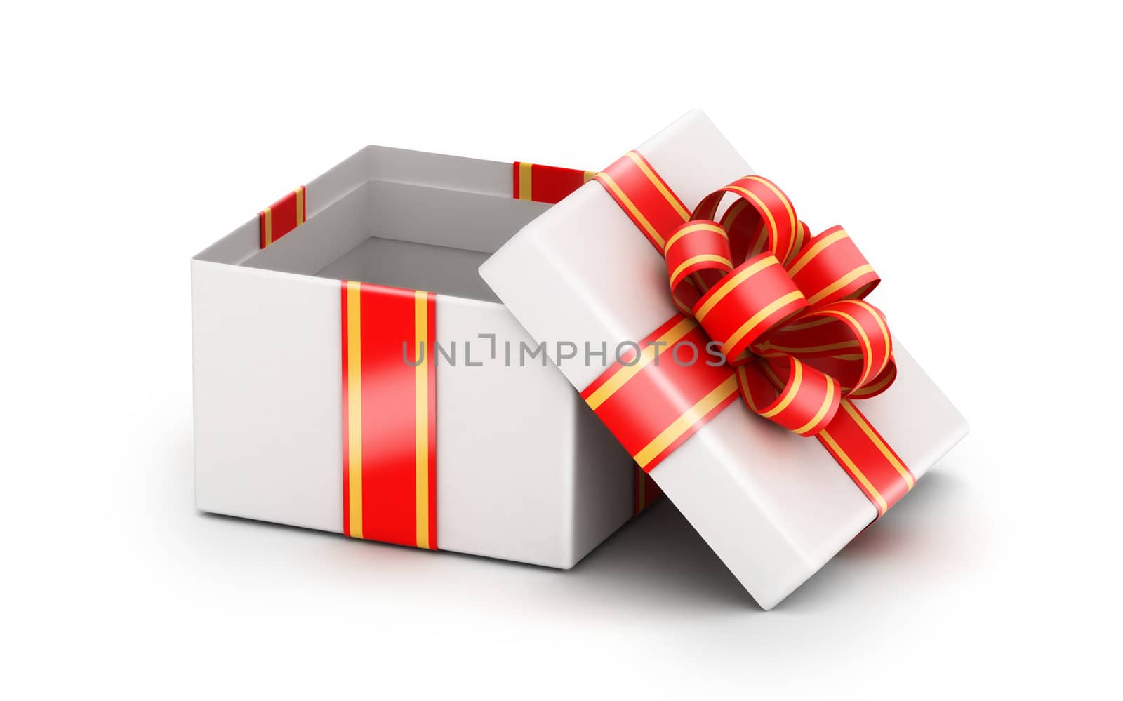 Opened  gift box with red ribbons on white background