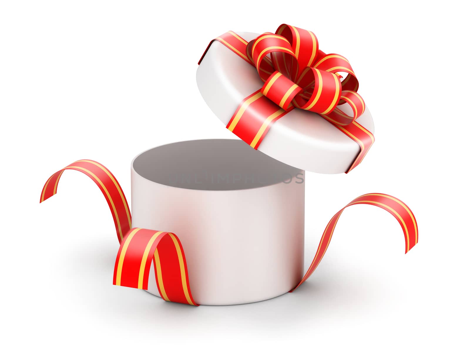 Opened white gift box with red ribbons on white background