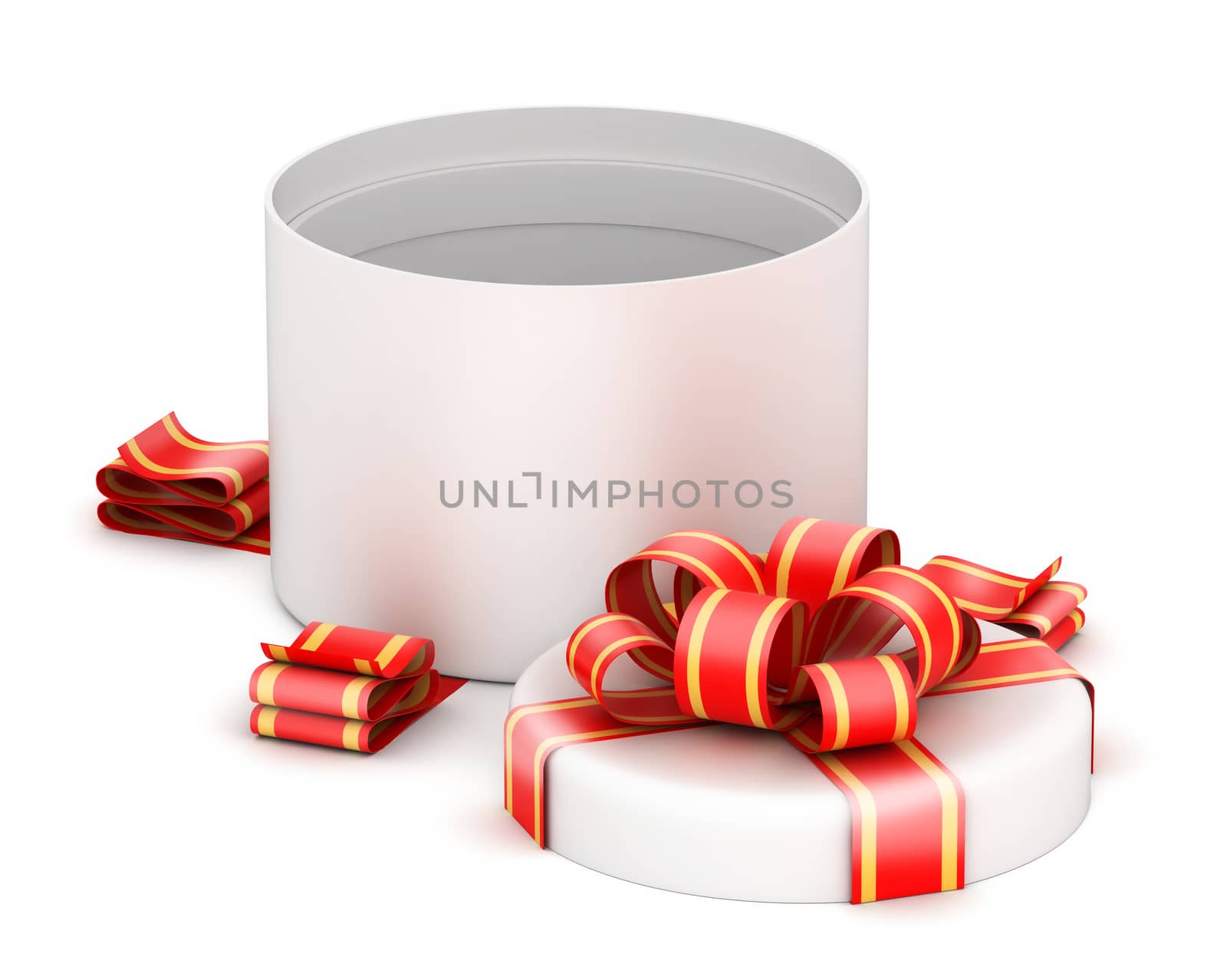 Opened  round white gift box with  ribbons on white background