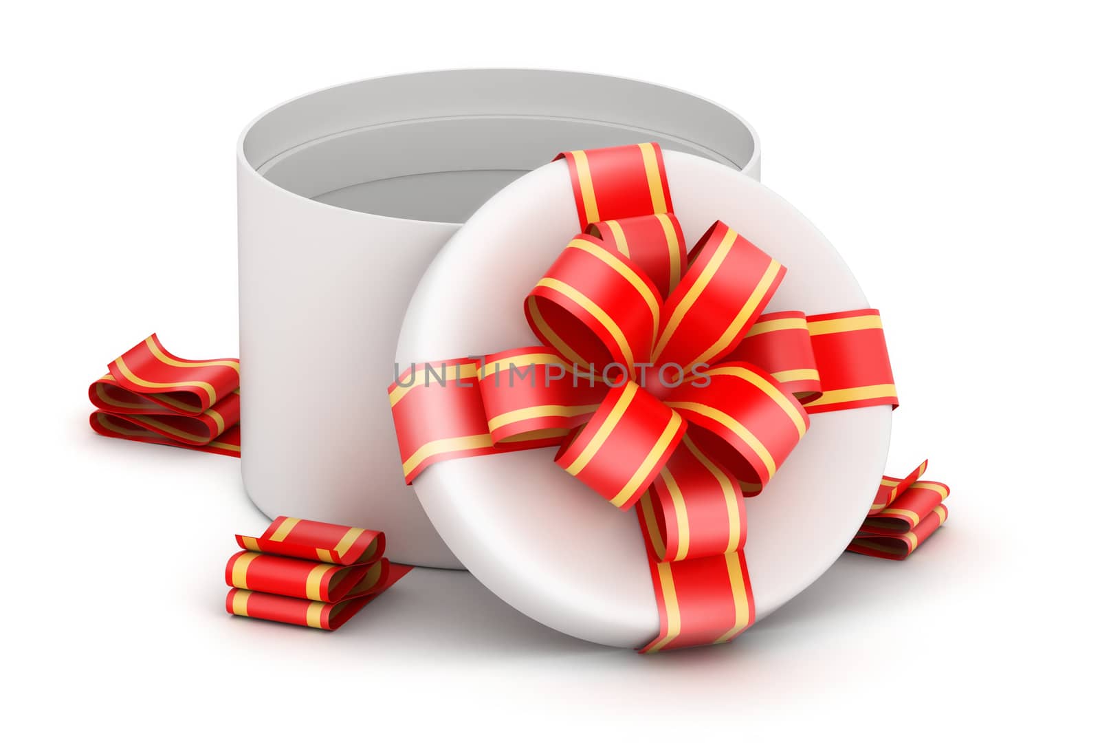 Opened  round white gift box with  ribbons on white background