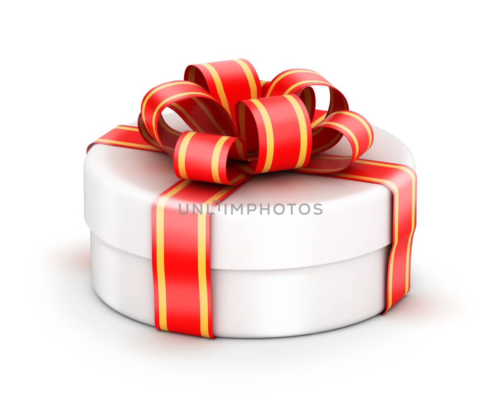 Cylinder white gift box with red ribbons on white background