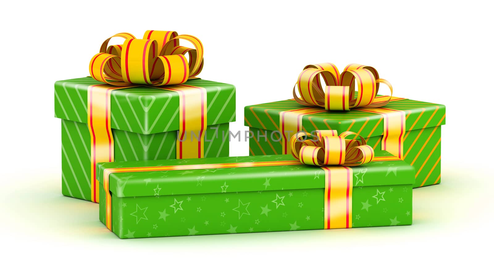 Pak of green gifts with yellow ribbon on white background