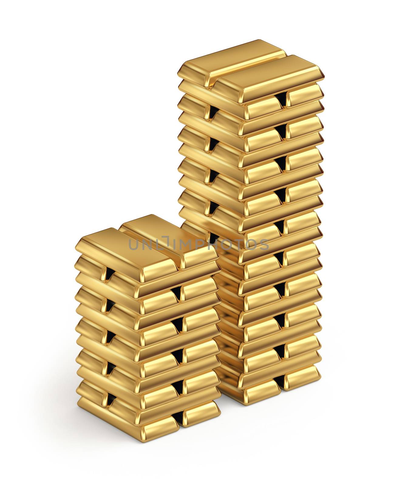 Shiny gold bars stacked on white background