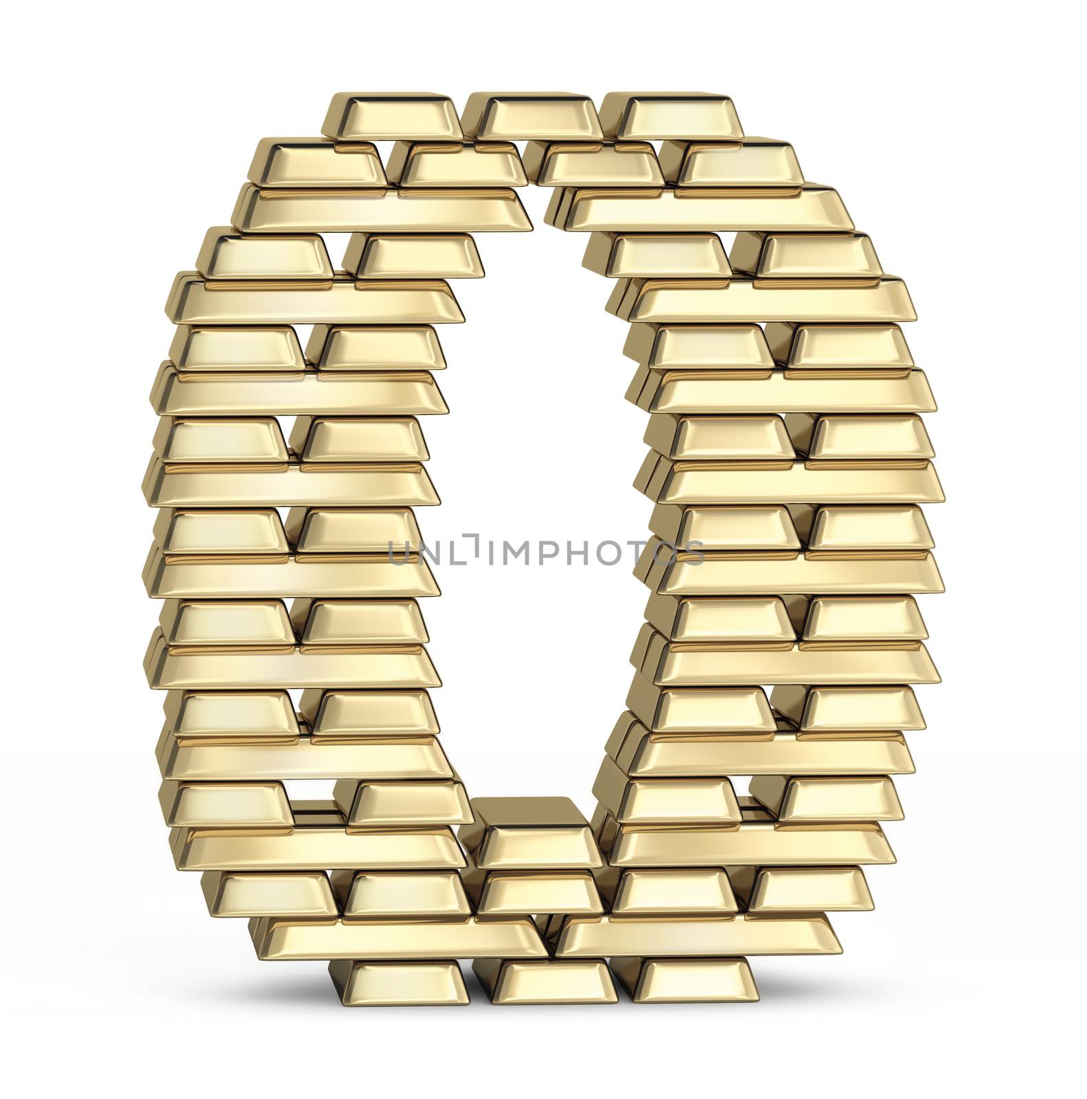 Number 0  from stacked gold bars on white background