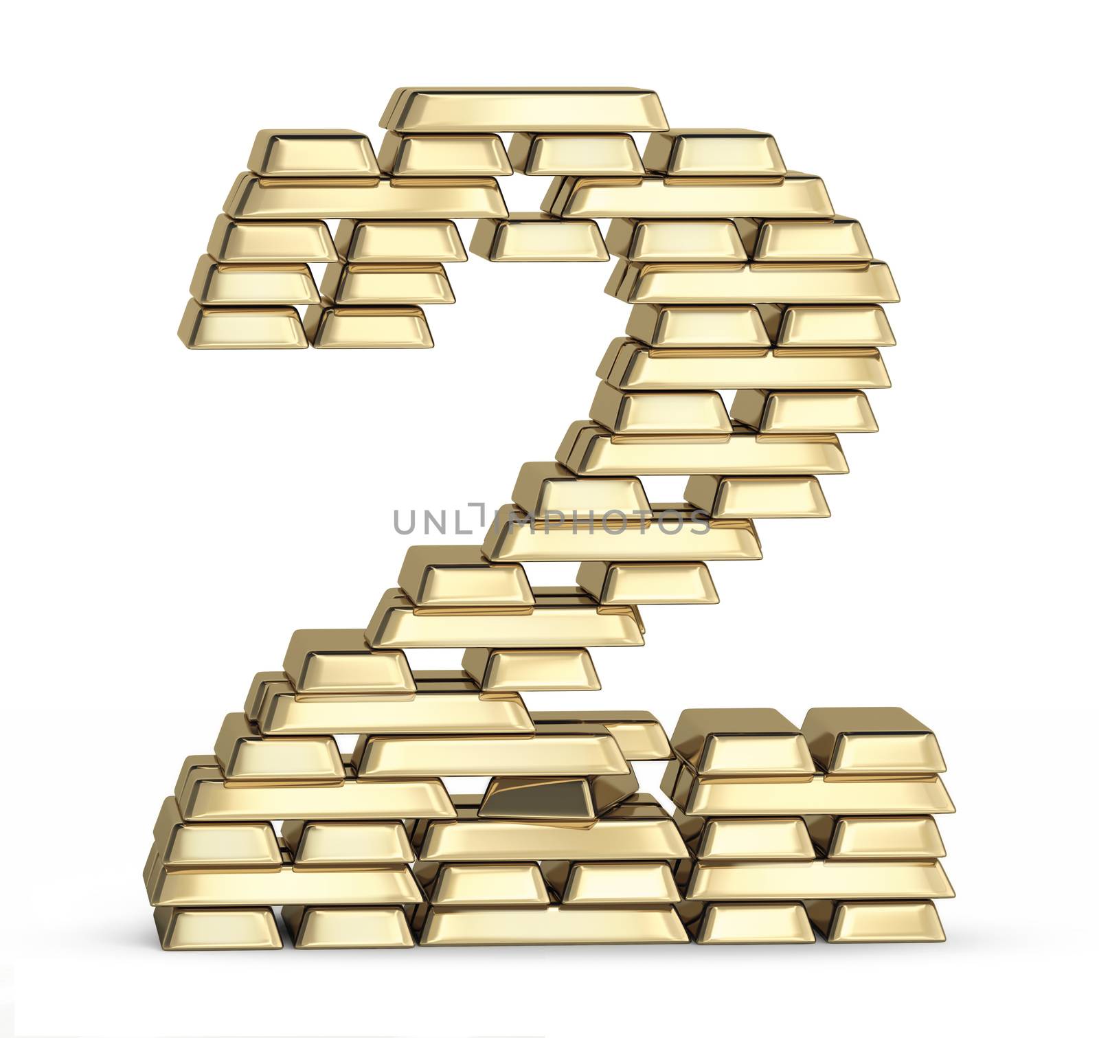Number 2 from stacked gold bars on white background