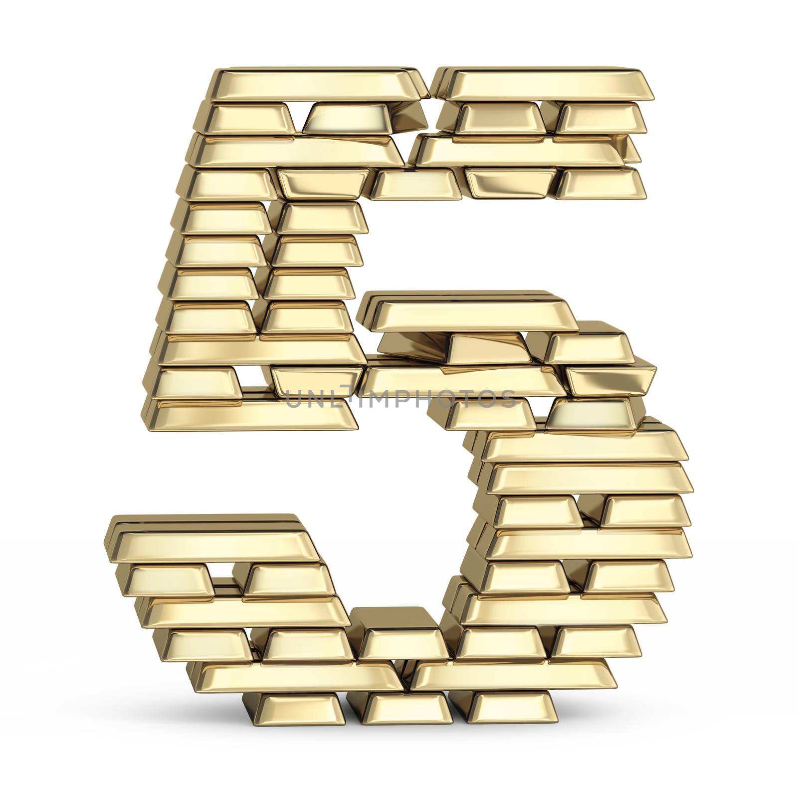 Number 5 from stacked gold bars on white background
