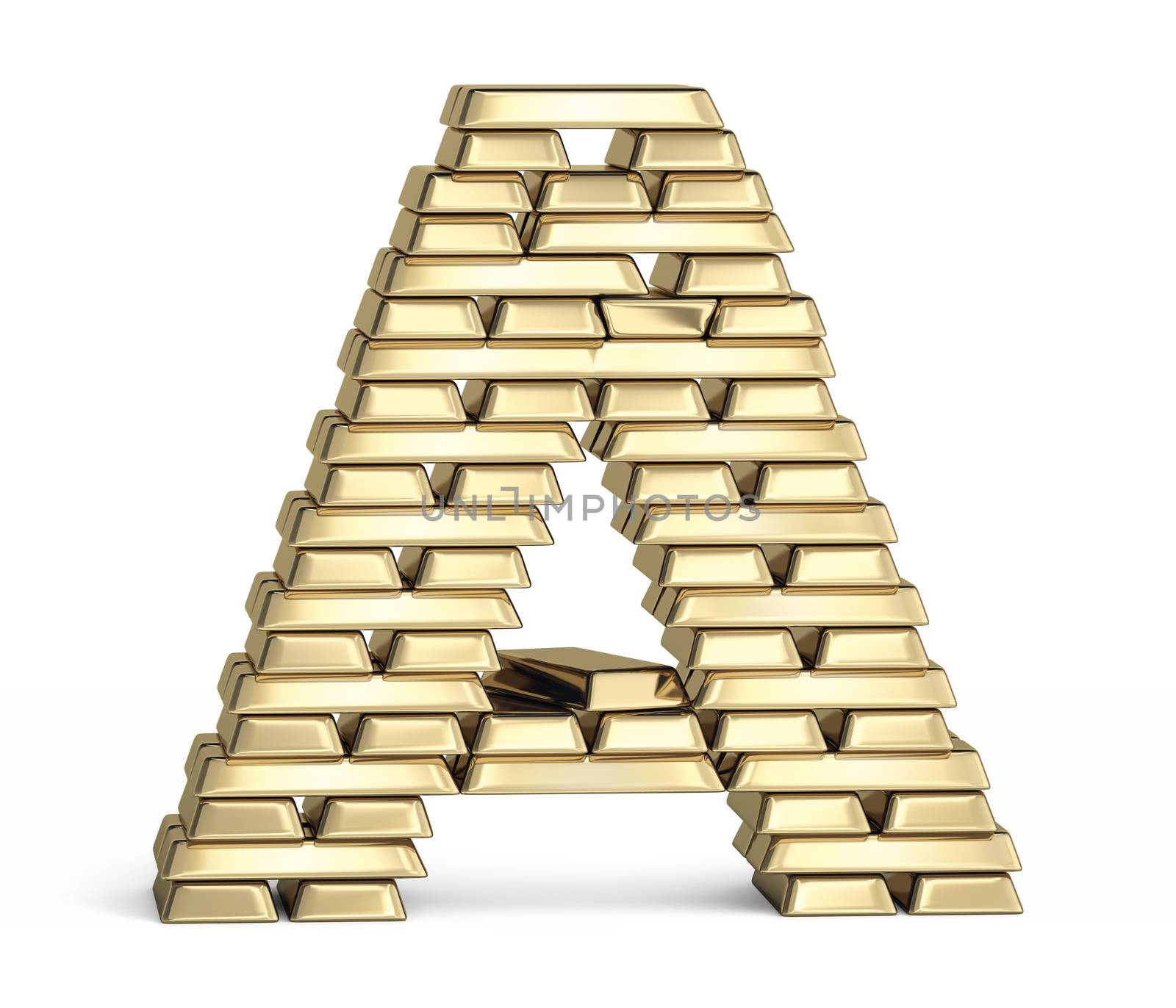 Letter A from stacked gold bars on white background