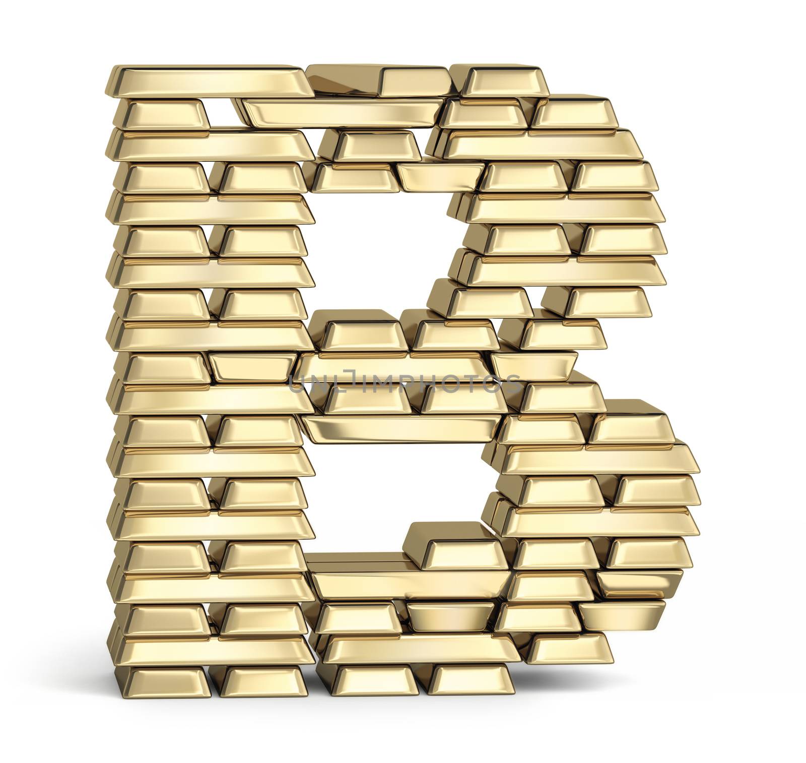 Letter B from stacked gold bars on white background