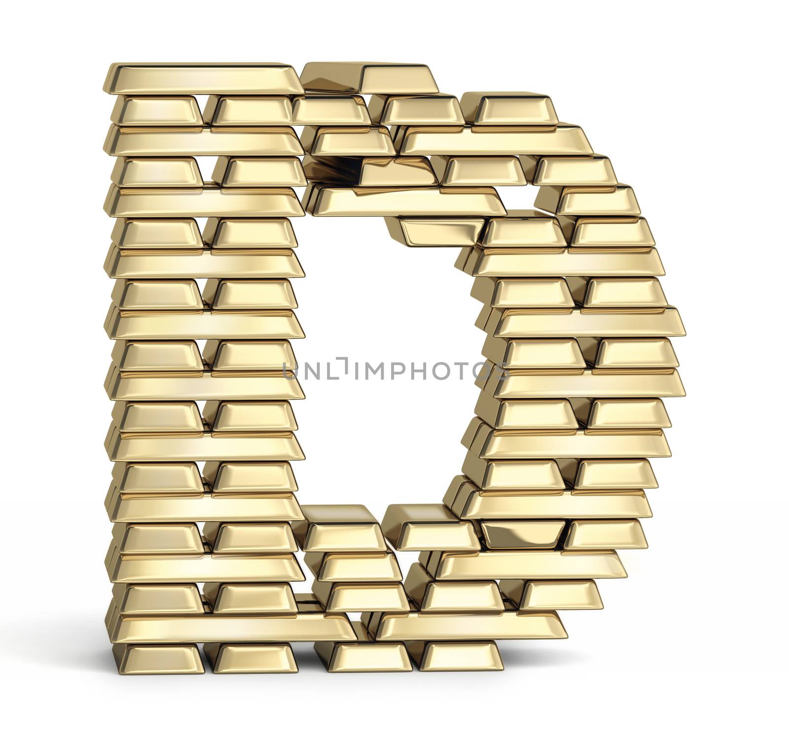 Letter D from stacked gold bars on white background