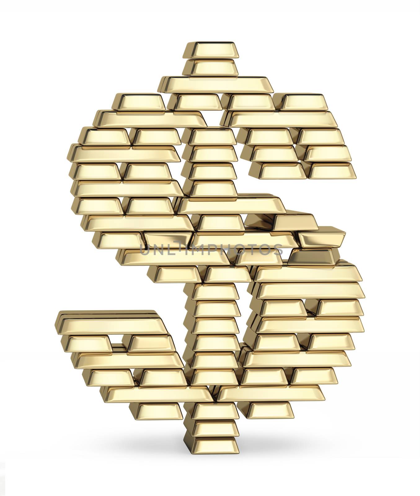 Dollar sign from stacked gold bars on white background