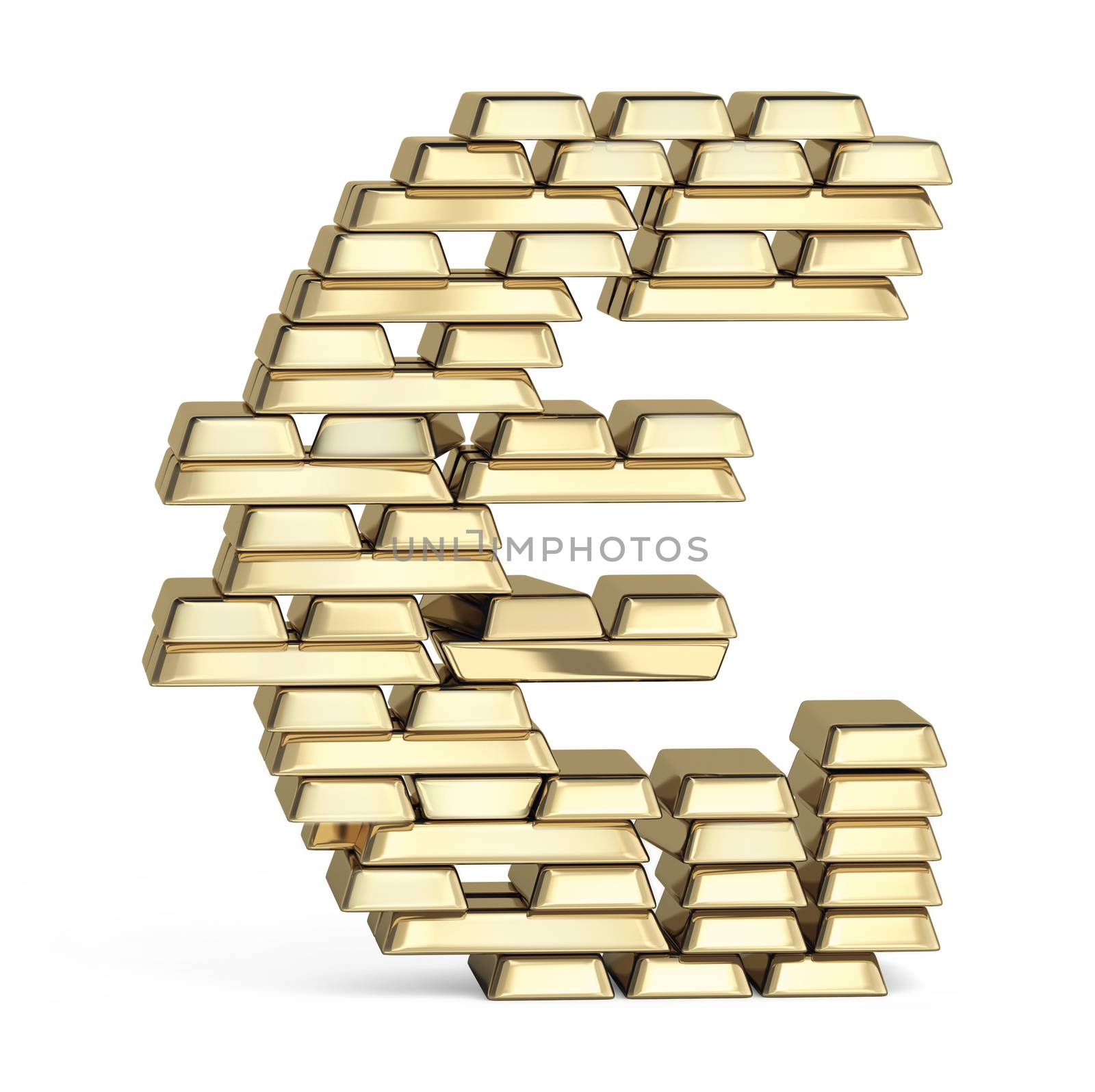 Euro sign from stacked gold bars on white background