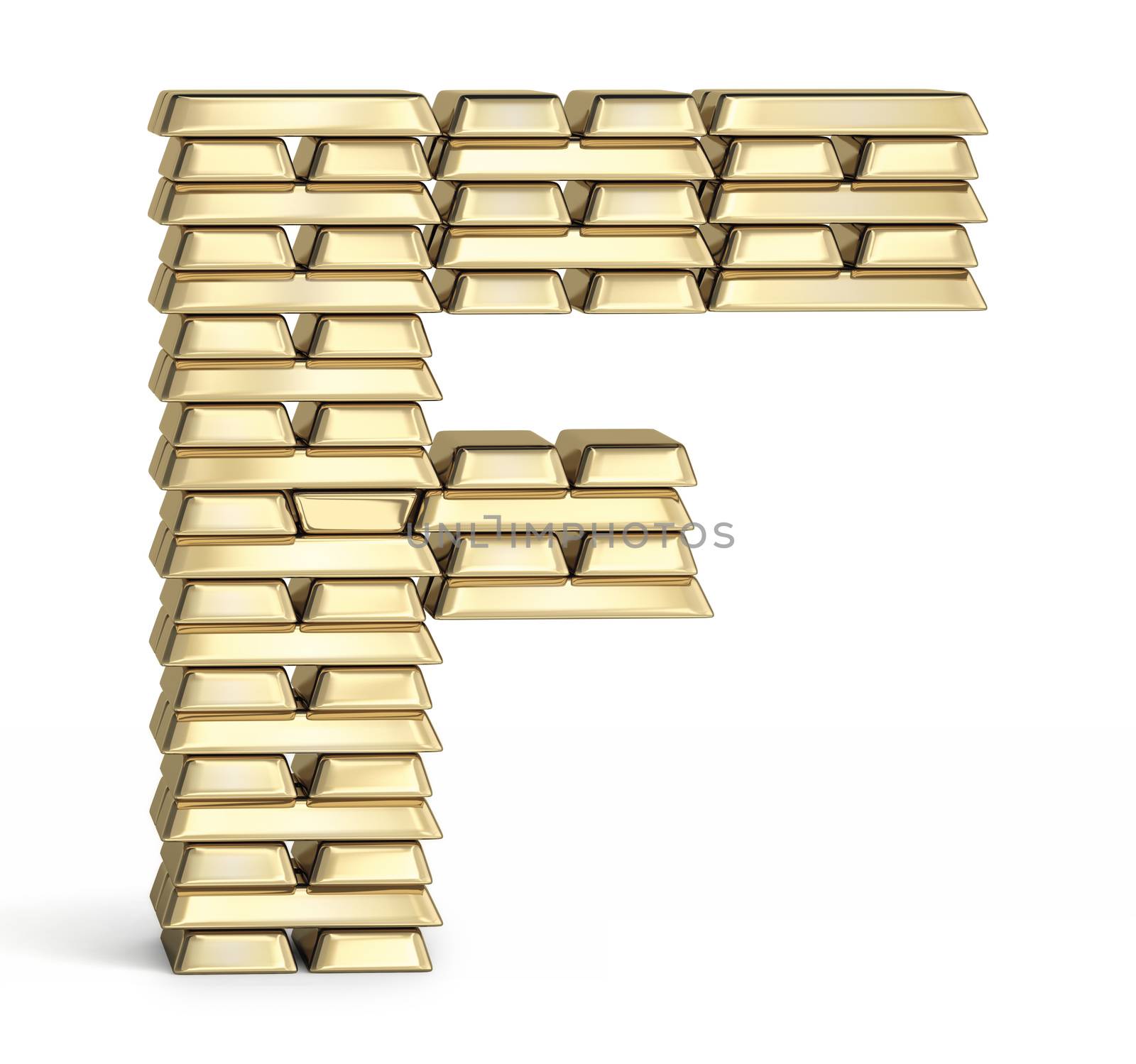 Letter F from stacked gold bars on white background