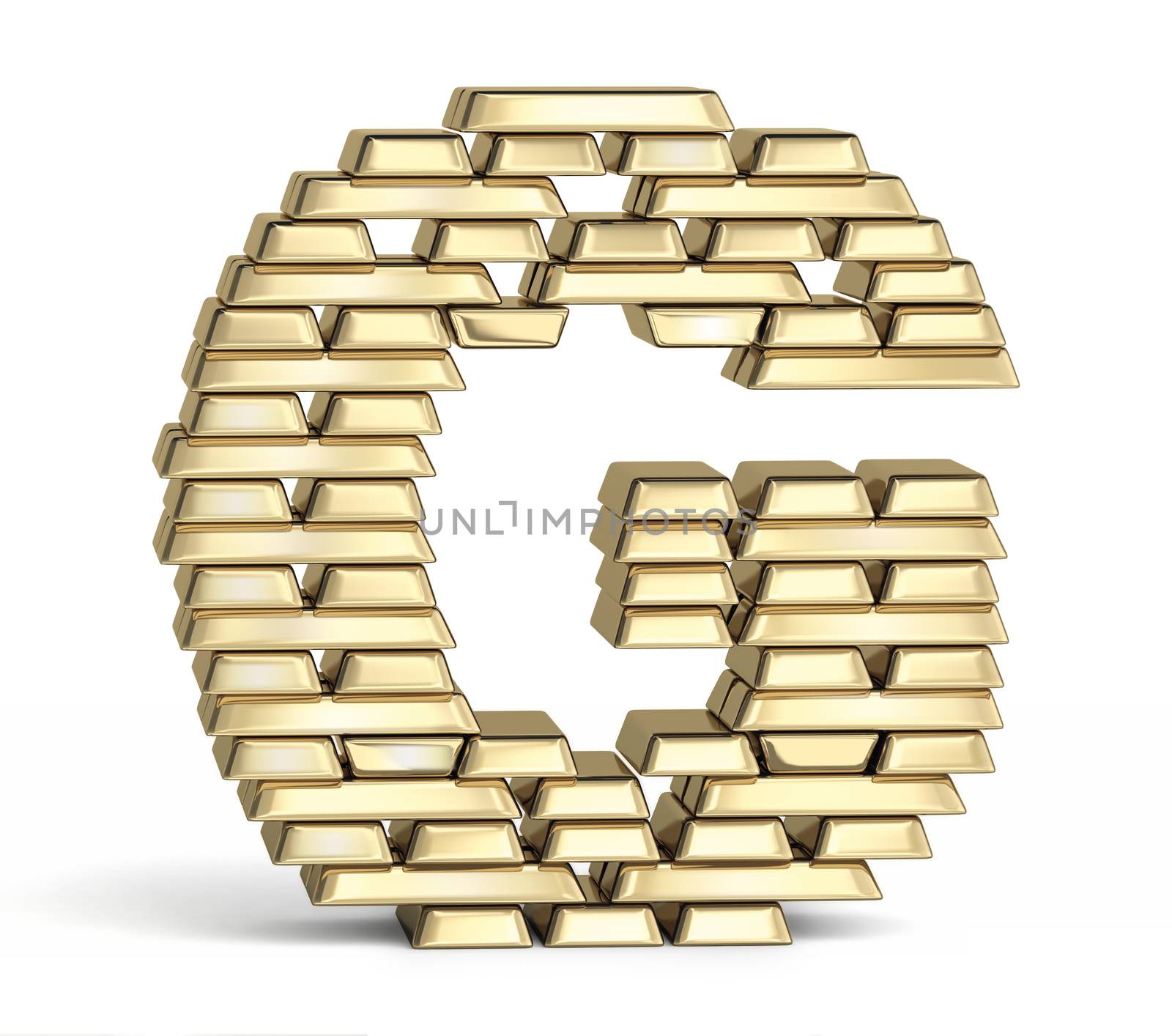 Letter G from stacked gold bars on white background