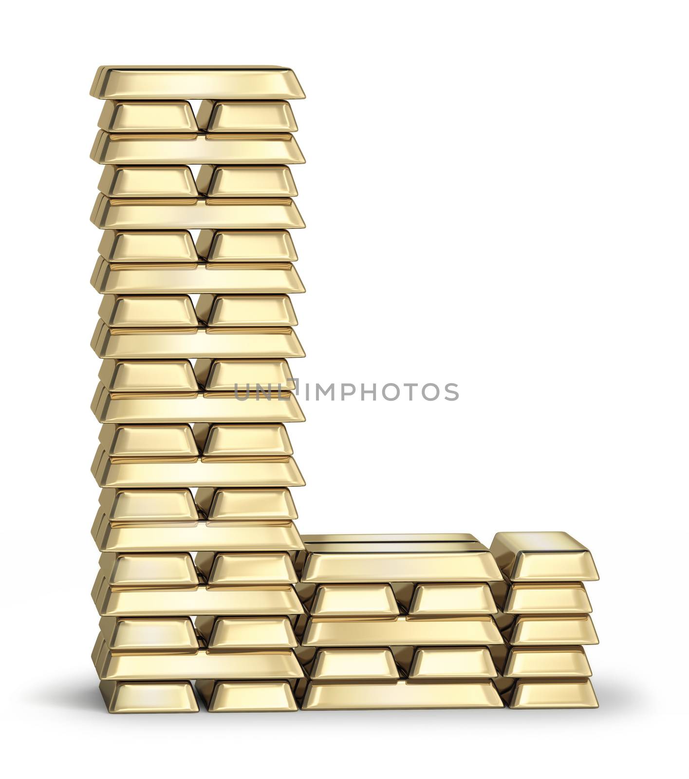 Letter L from stacked gold bars on white background