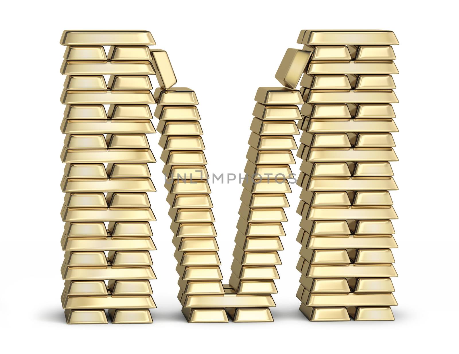 Letter M from stacked gold bars on white background