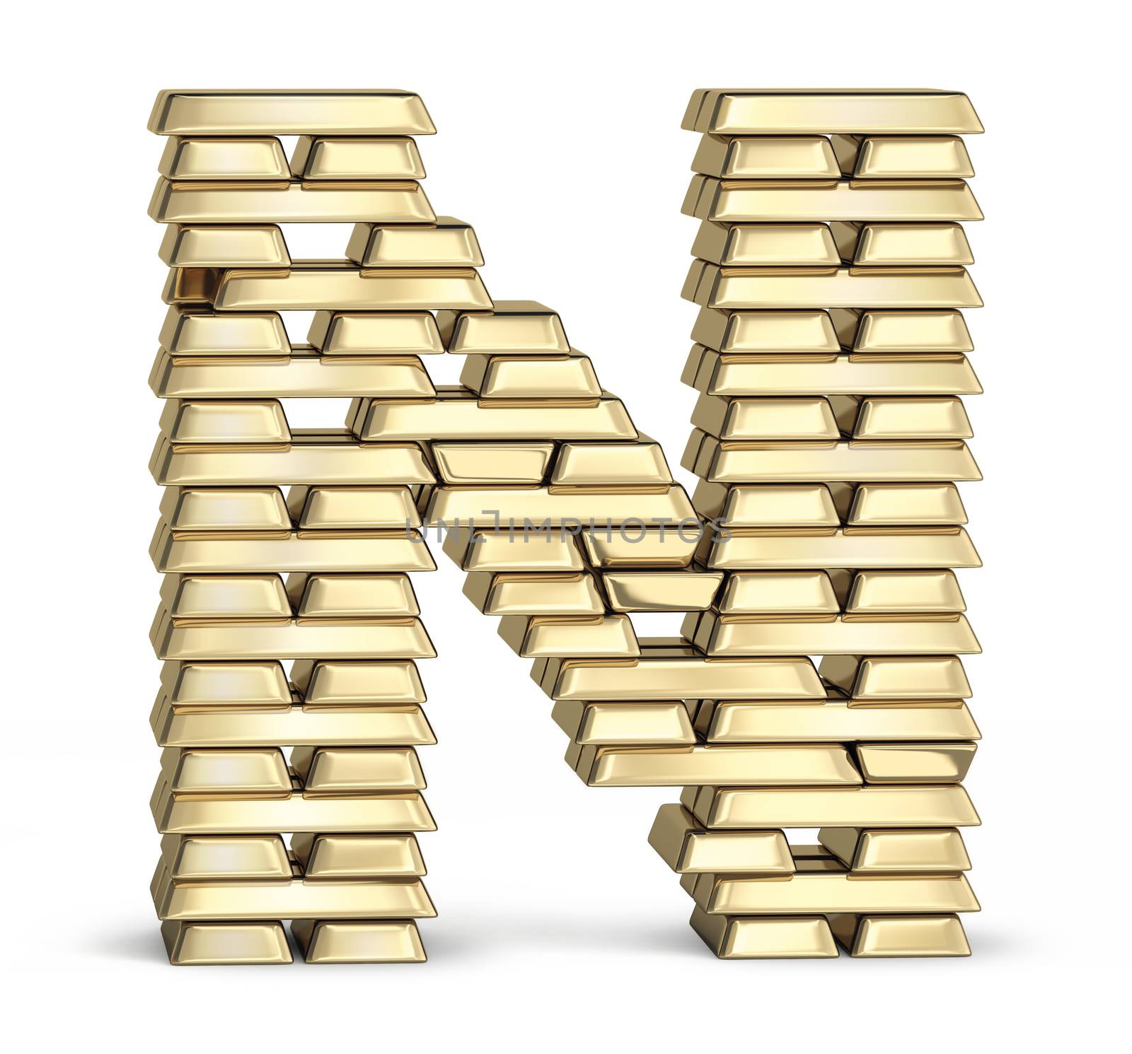 Letter N from stacked gold bars on white background