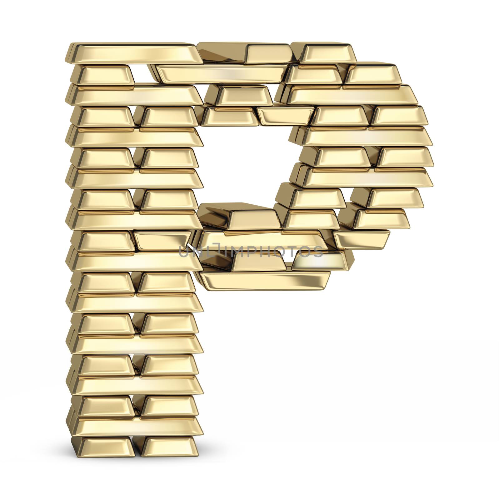 Letter P  from stacked gold bars on white background