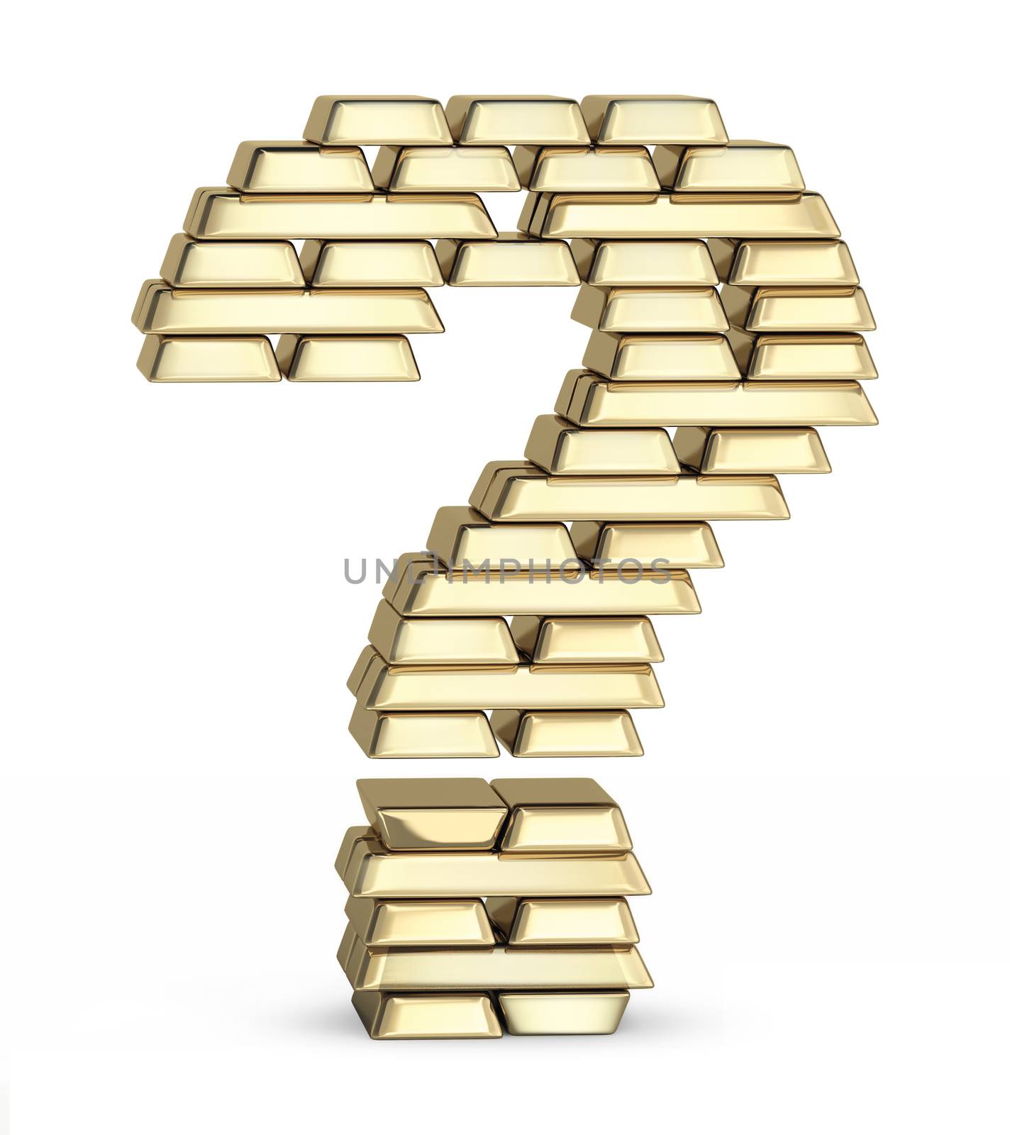 Question mark from stacked gold bars on white background