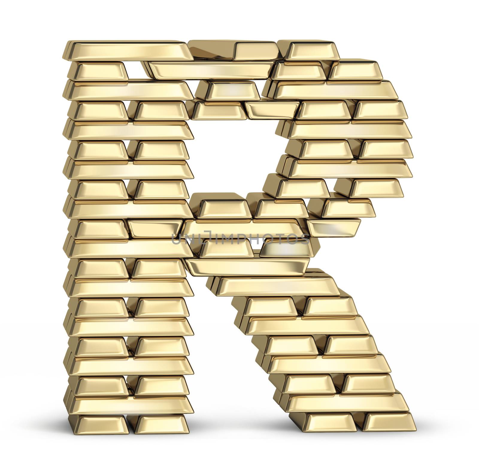 Letter R from stacked gold bars on white background