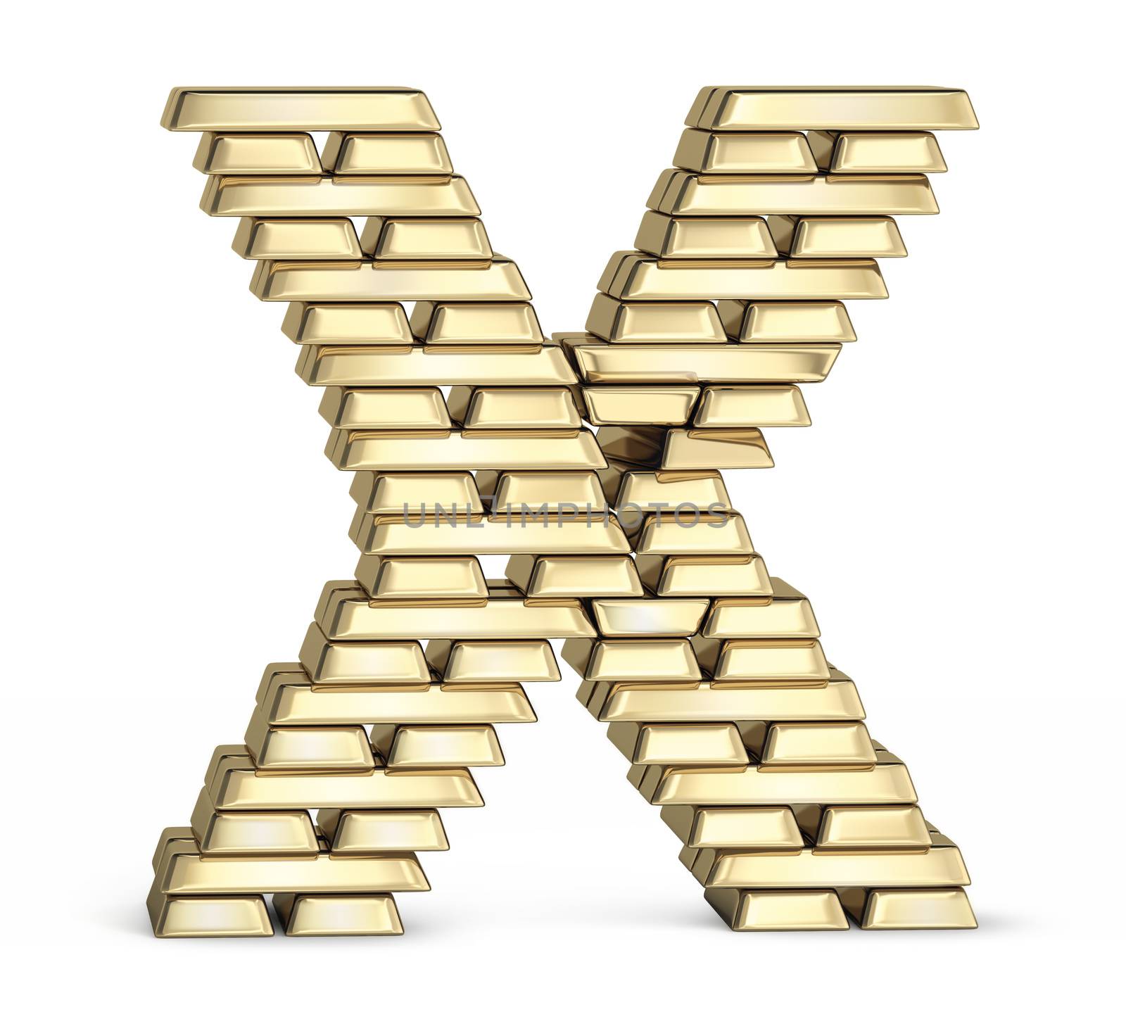 Letter X from stacked gold bars on white background
