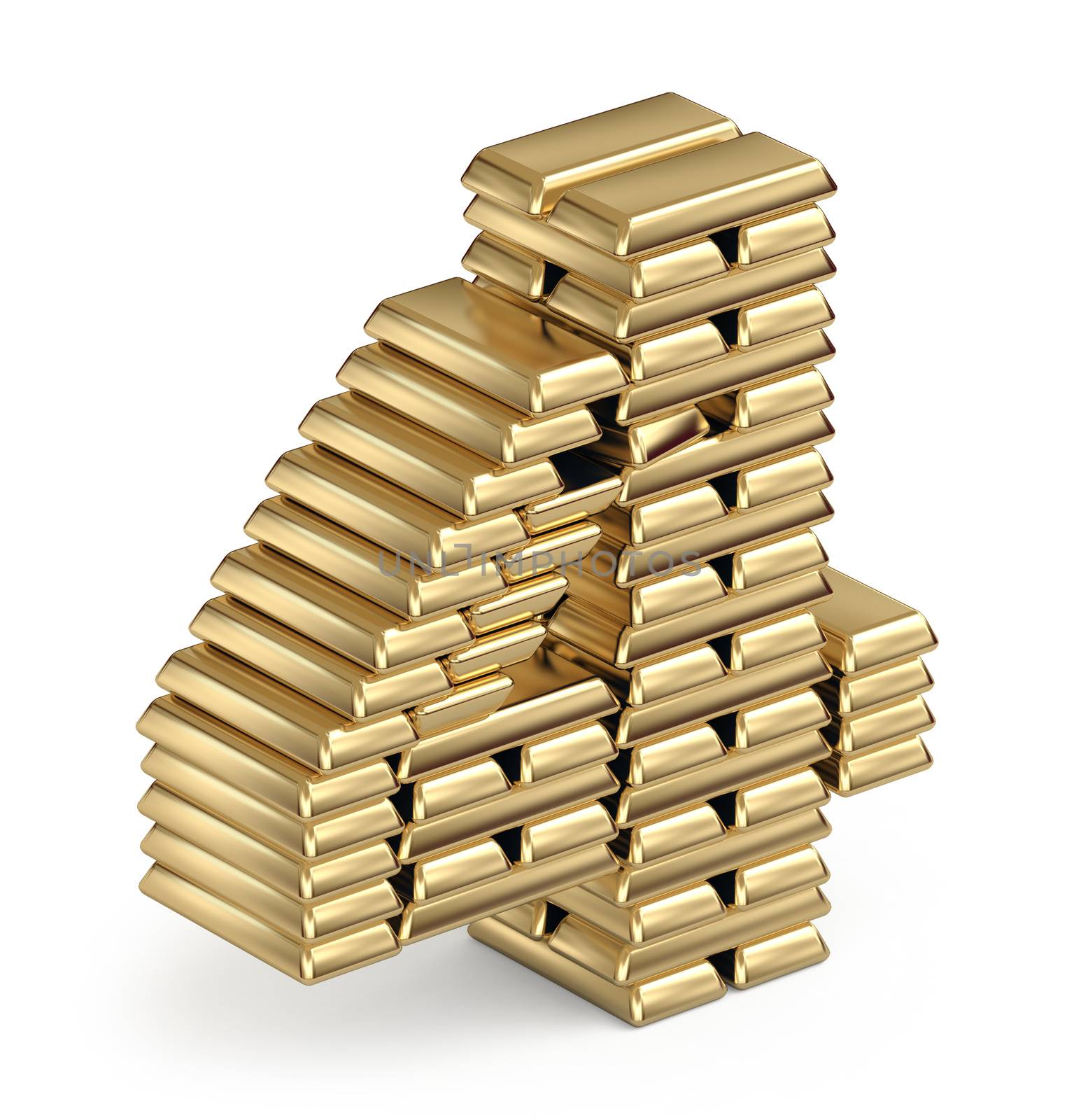 Number 4 from stacked gold bars  3d in isometric on white background