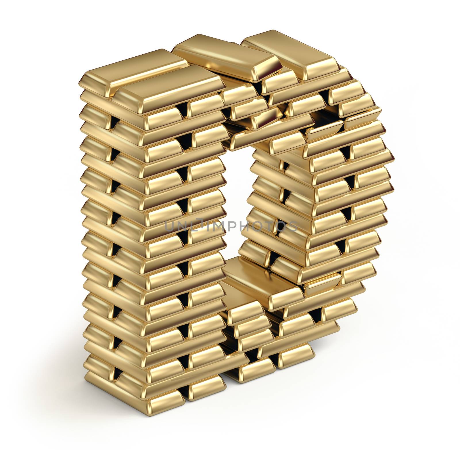 Letter D from stacked gold bars 3d in isometric on white background