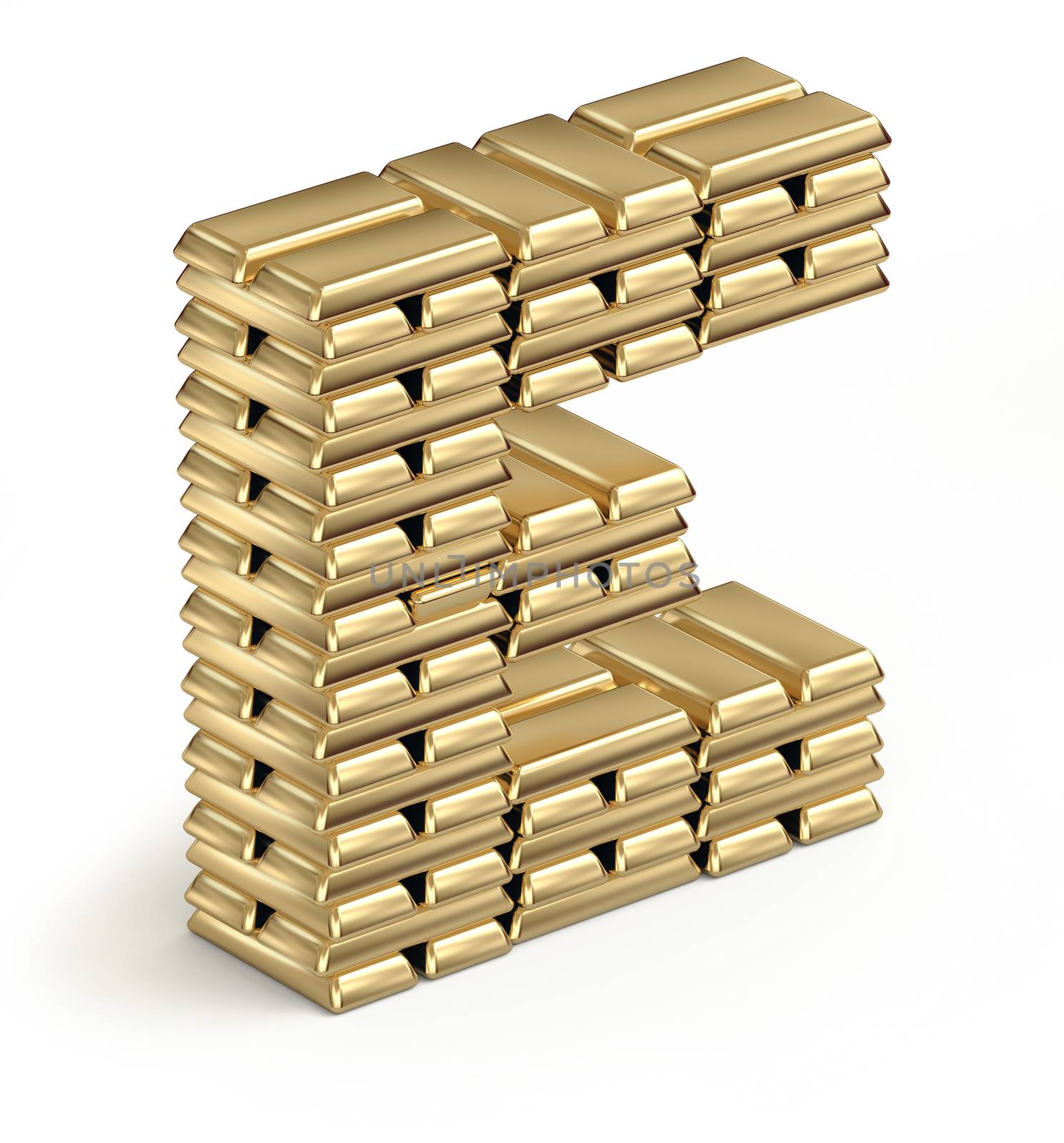 Letter E from stacked gold bars 3d in isometric on white background