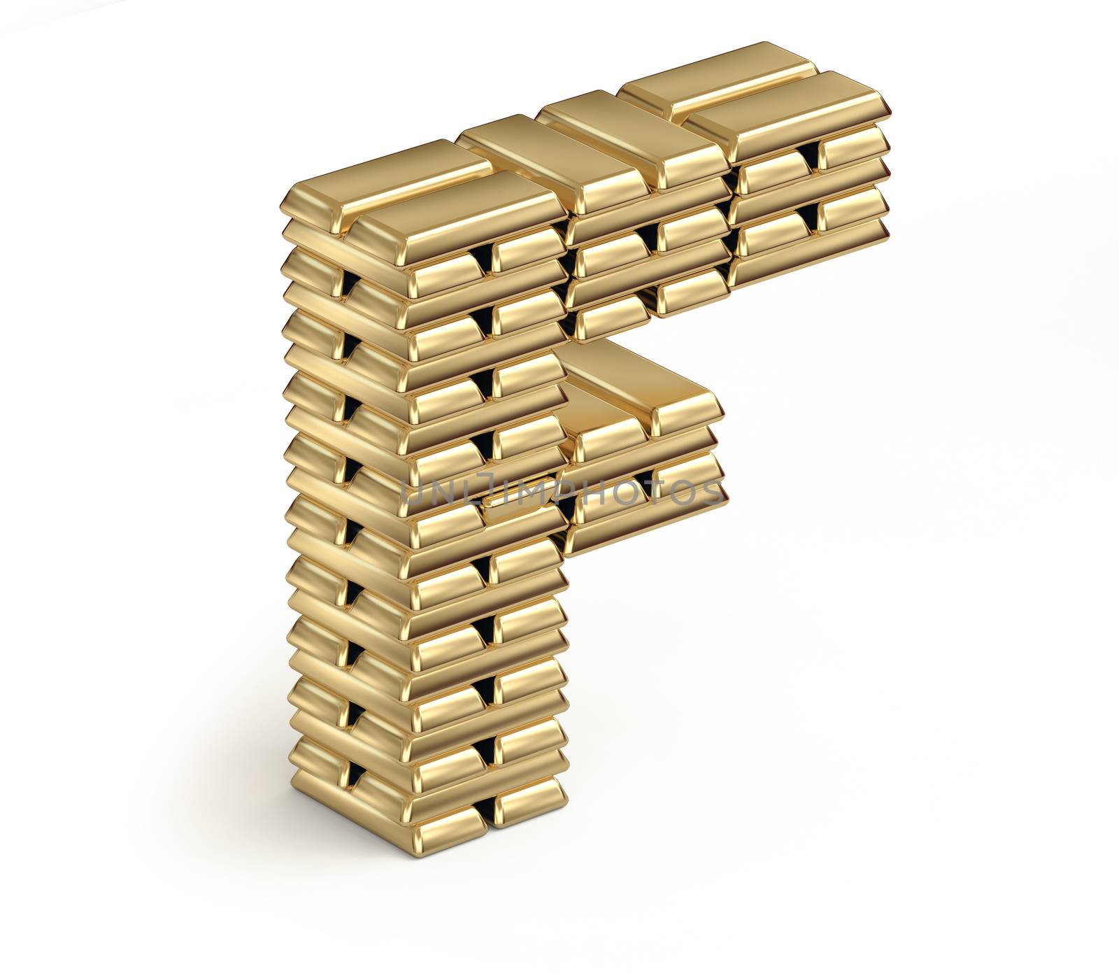 Letter F from stacked gold bars 3d in isometric on white background