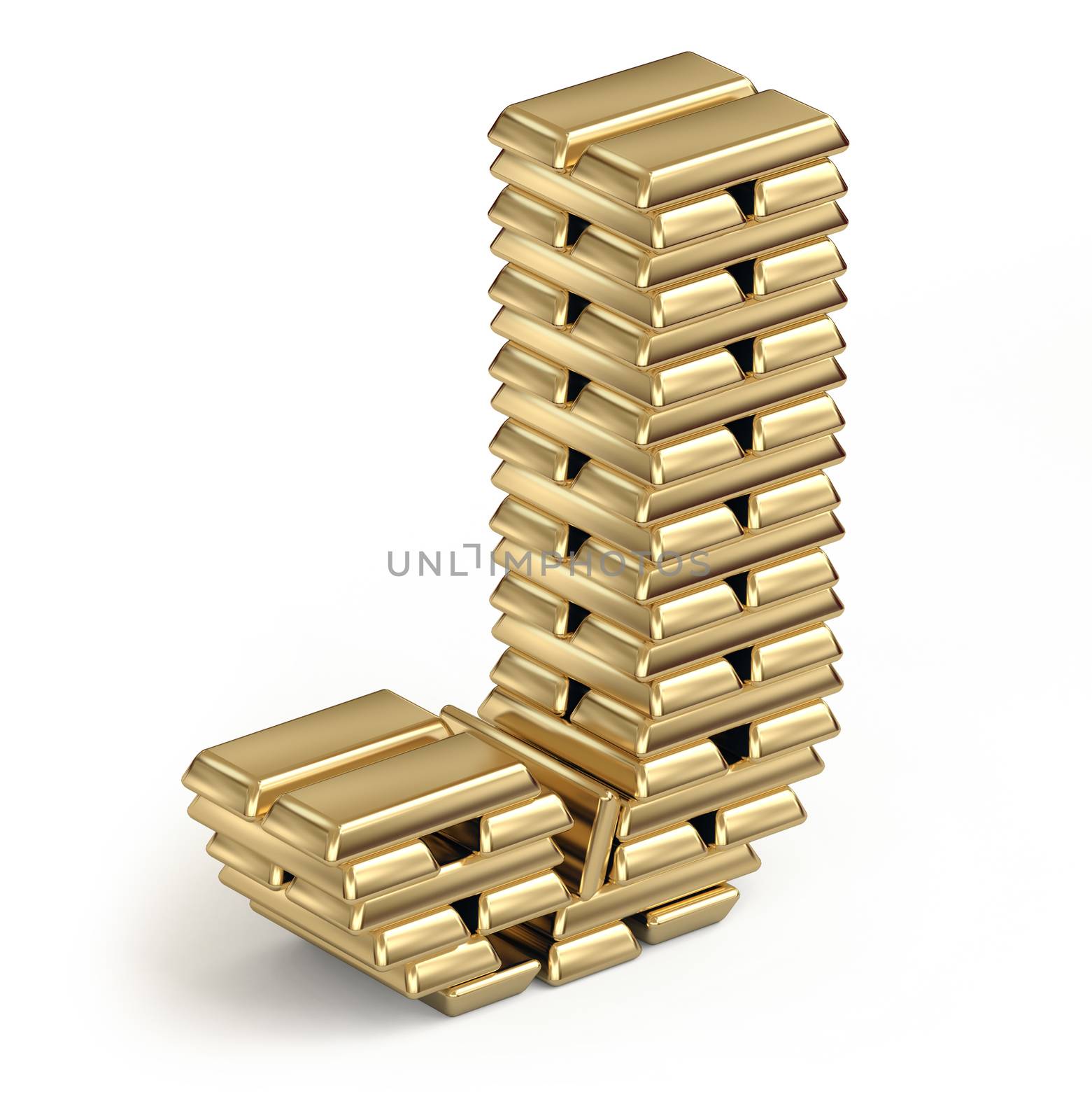 Letter J from stacked gold bars 3d in isometric on white background