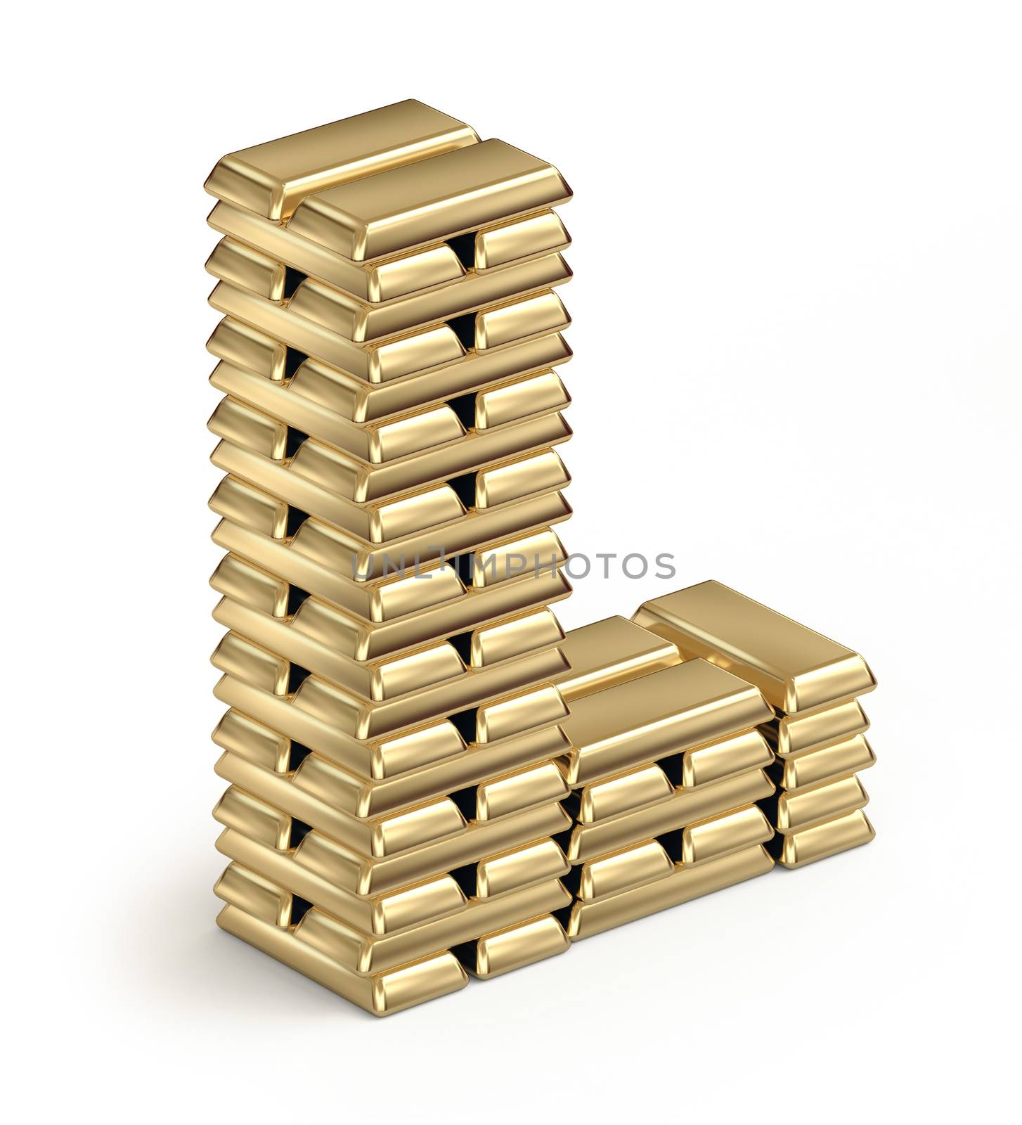 Letter L from stacked gold bars 3d in isometric on white background