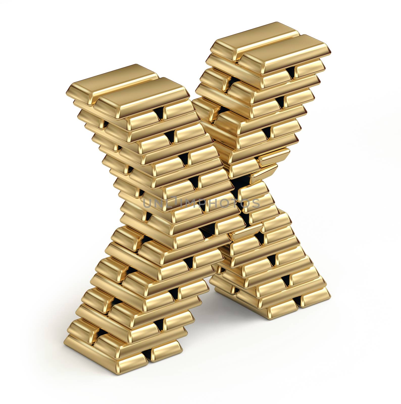 Letter X from stacked gold bars 3d in isometric on white background