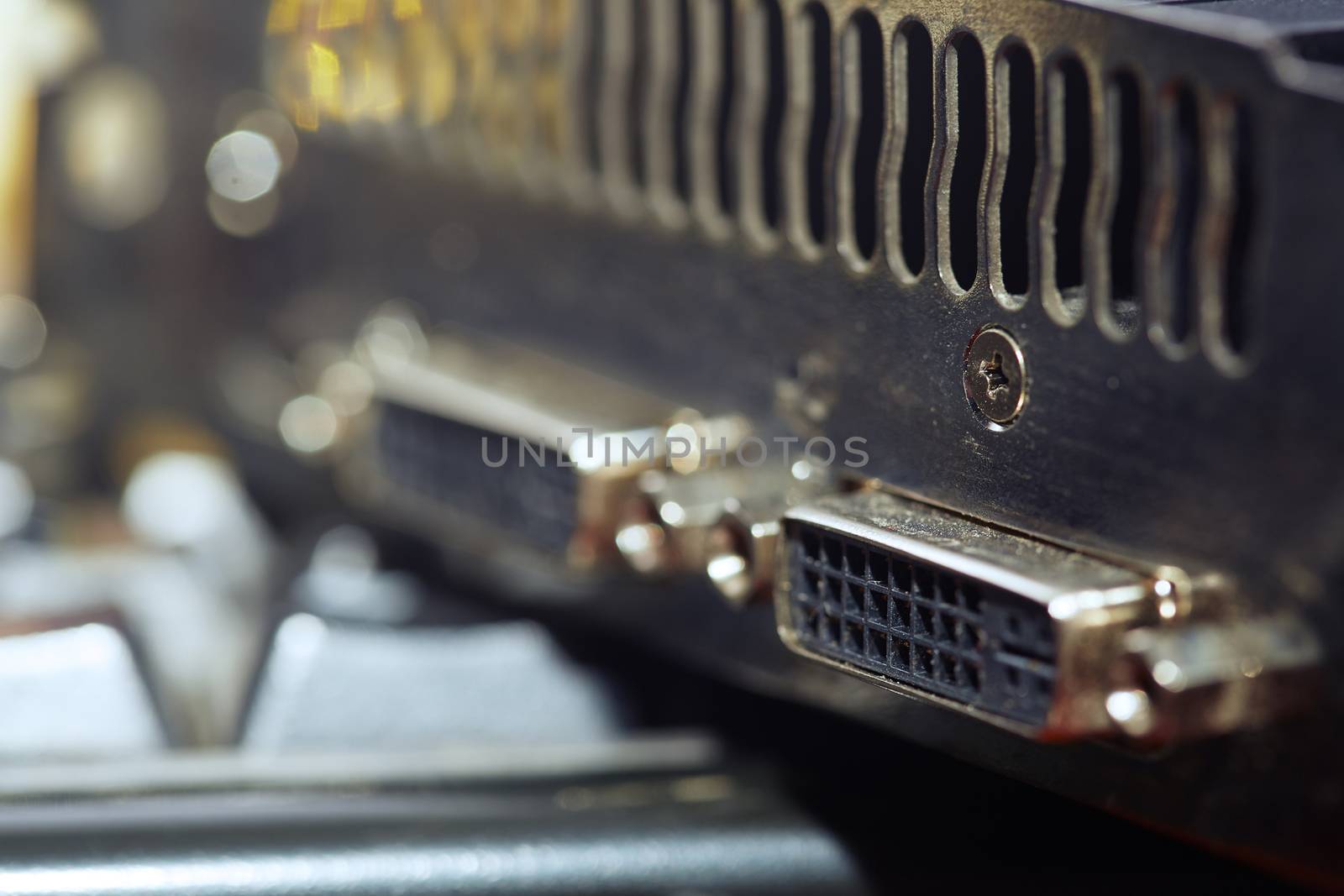 Close-up view of computer graphic card. Horizontal photo