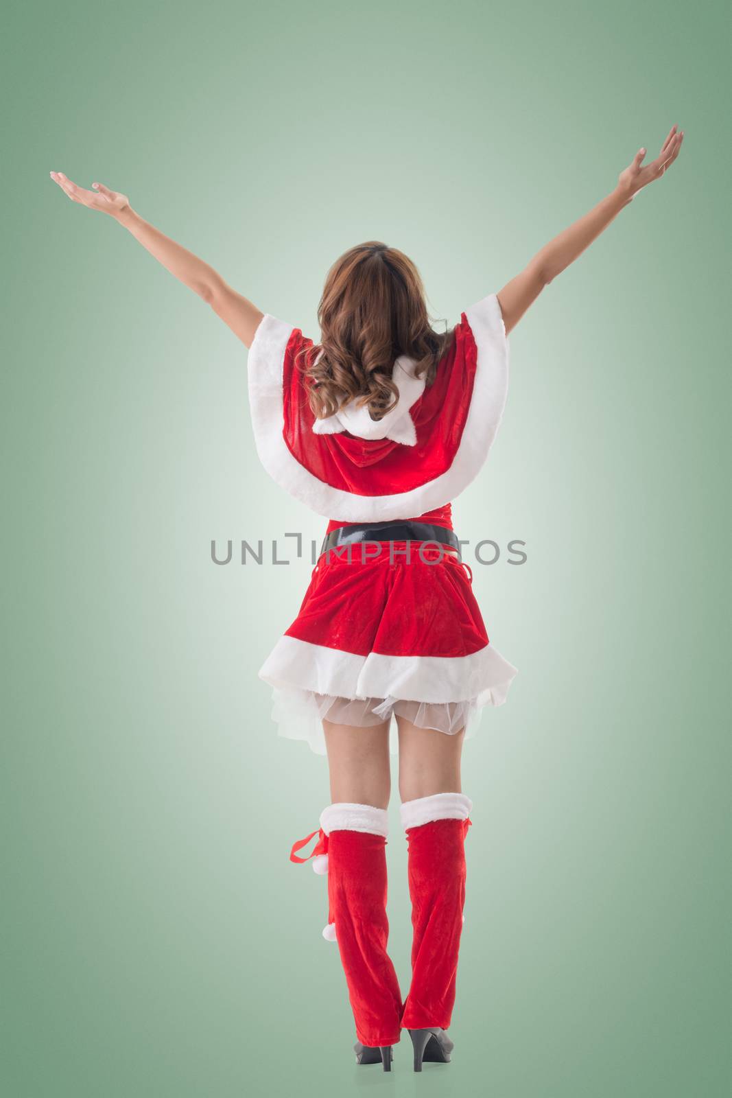 Christmas woman relax, rear view, isolated.